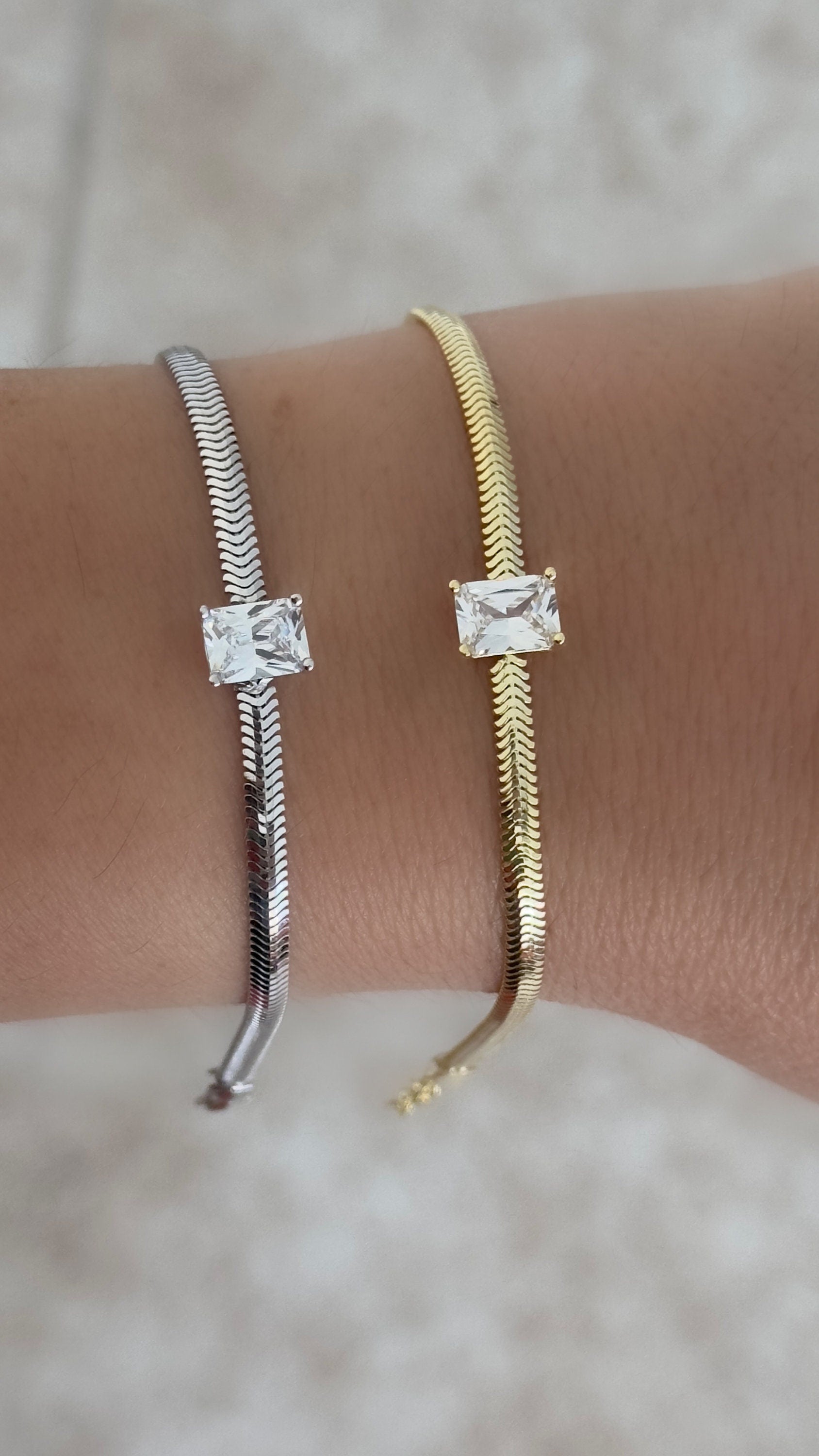 Dainty Bracelet Women, Baguette Diamond Bracelet, Gemstone Bracelet, 14K Gold Snake Chain Bracelet Stack, 925 Sterling Silver, Gift for Her, Handmade Jewelry, Gift for Mom