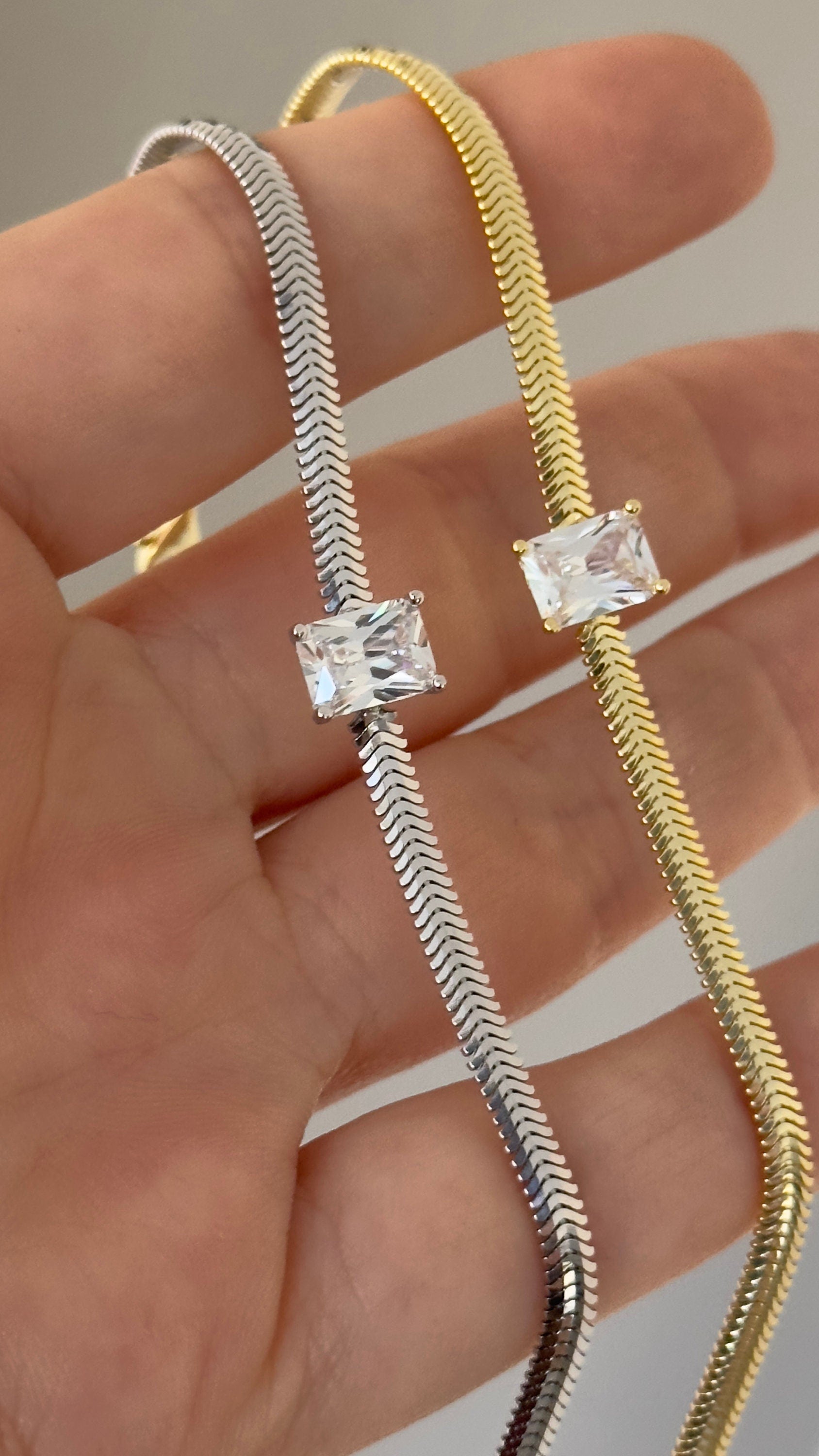 Emerald Diamond Bracelet: CZ Solitaire Dainty Snake Chain 925 Sterling Silver Jewelry Gift