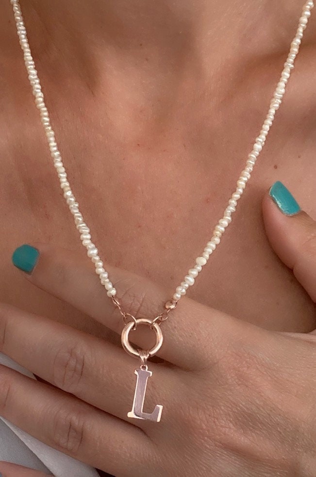 Freshwater Pearl Initial Necklace: Sterling Silver Personalized A-Z Letter Pendant Custom Pearl Jewelry Gifts