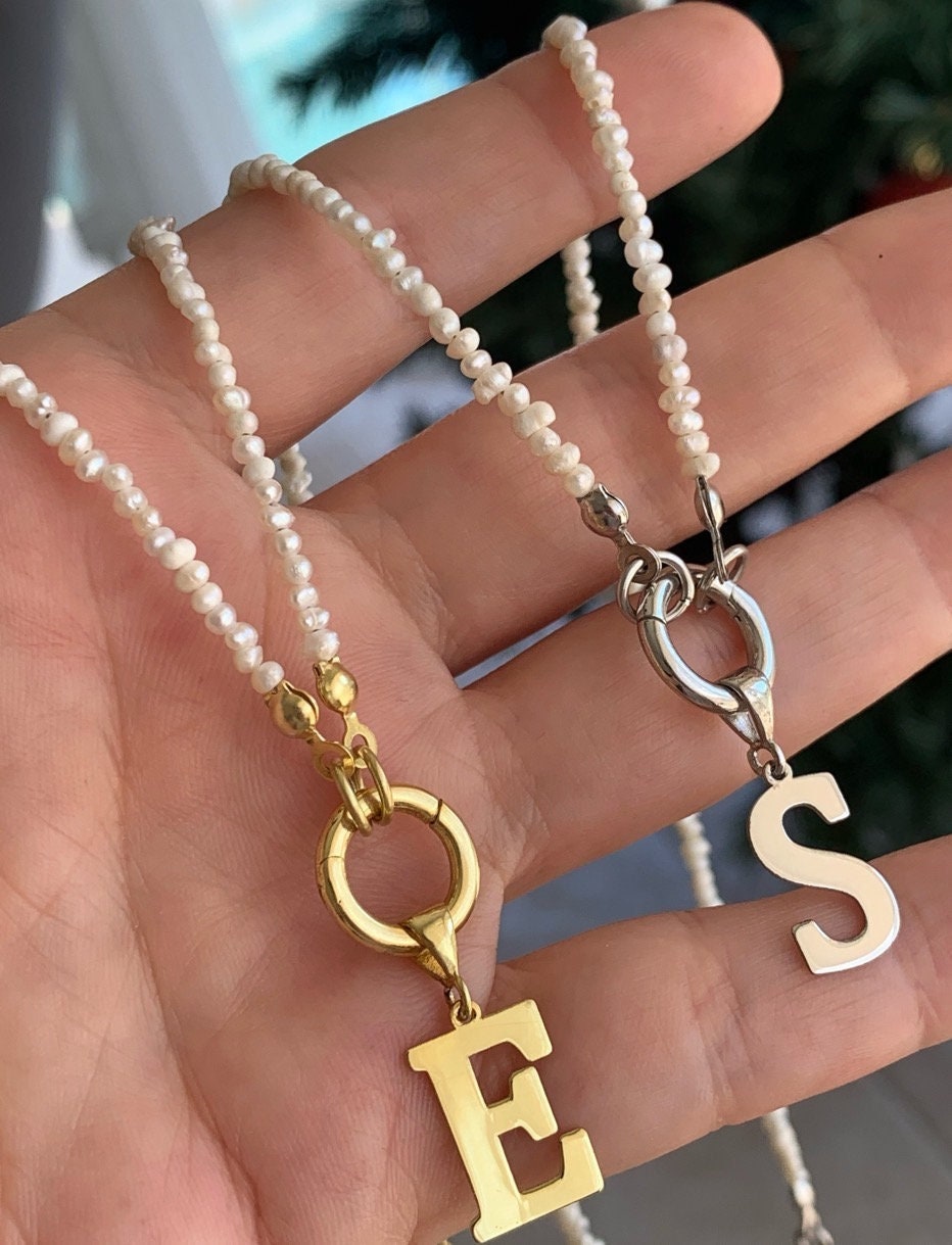 Freshwater Pearl Initial Necklace: Sterling Silver Personalized A-Z Letter Pendant Custom Pearl Jewelry Gifts