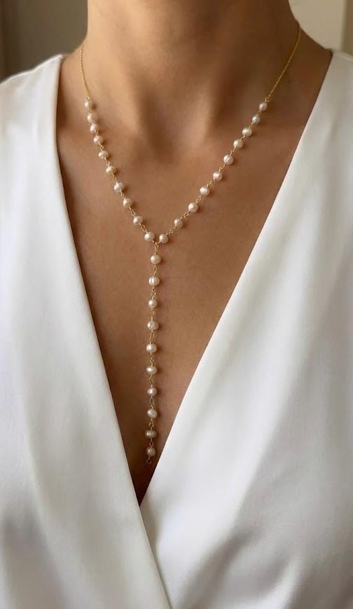 Dainty gold lariat necklace with white pearls, elegant Y-shaped pearl necklace for women