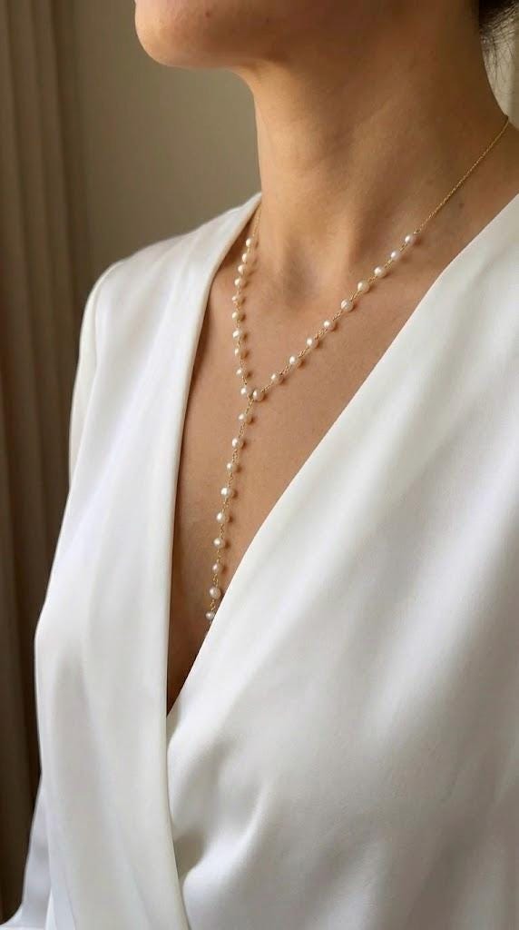 Gold pearl drop lariat necklace, delicate freshwater pearl necklace for wedding or bridesmaid gift.