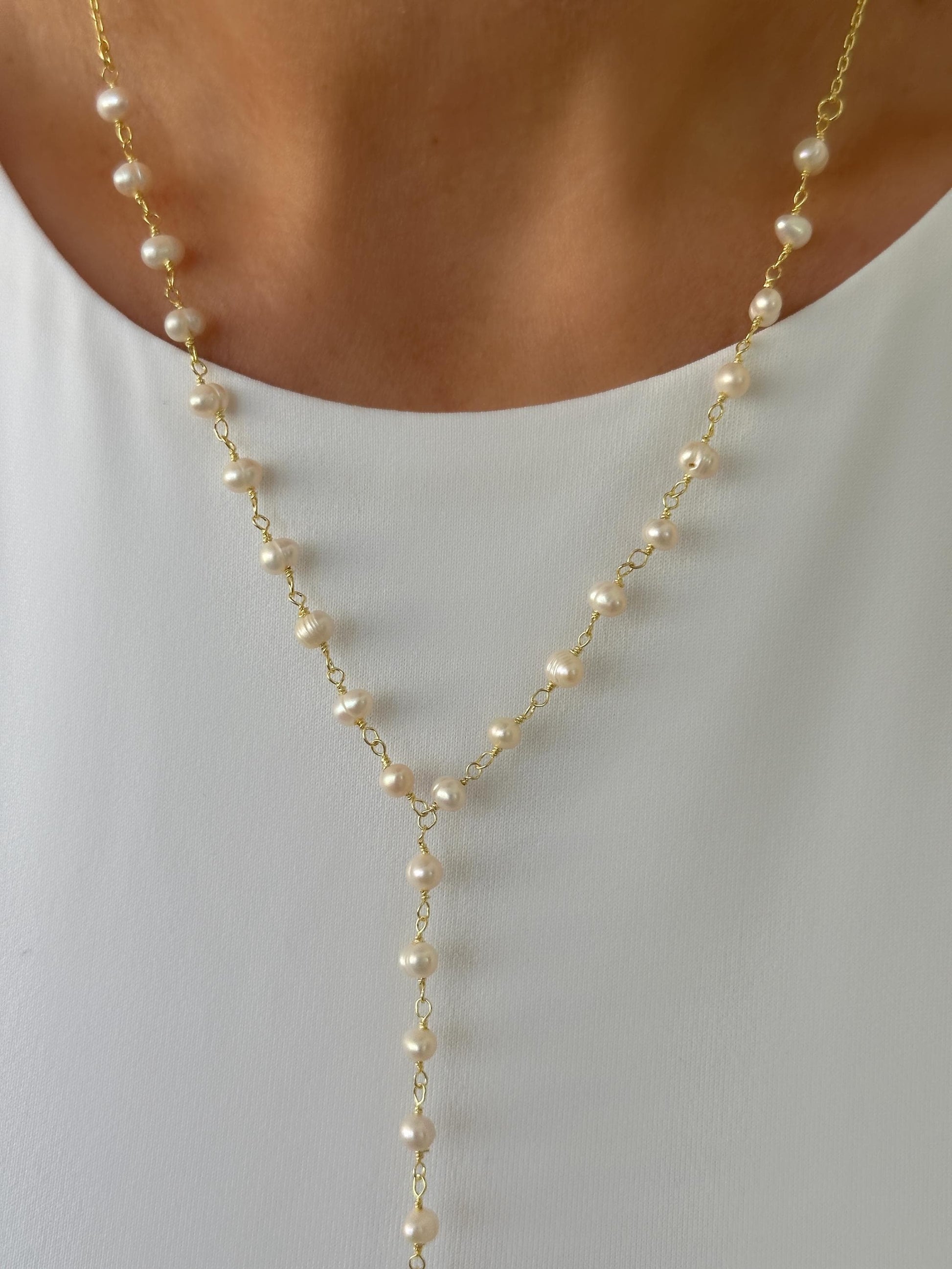 Freshwater Pearl Lariat Necklace: Sterling Silver Long Y Drop Wedding Bridesmaid Jewelry Gift