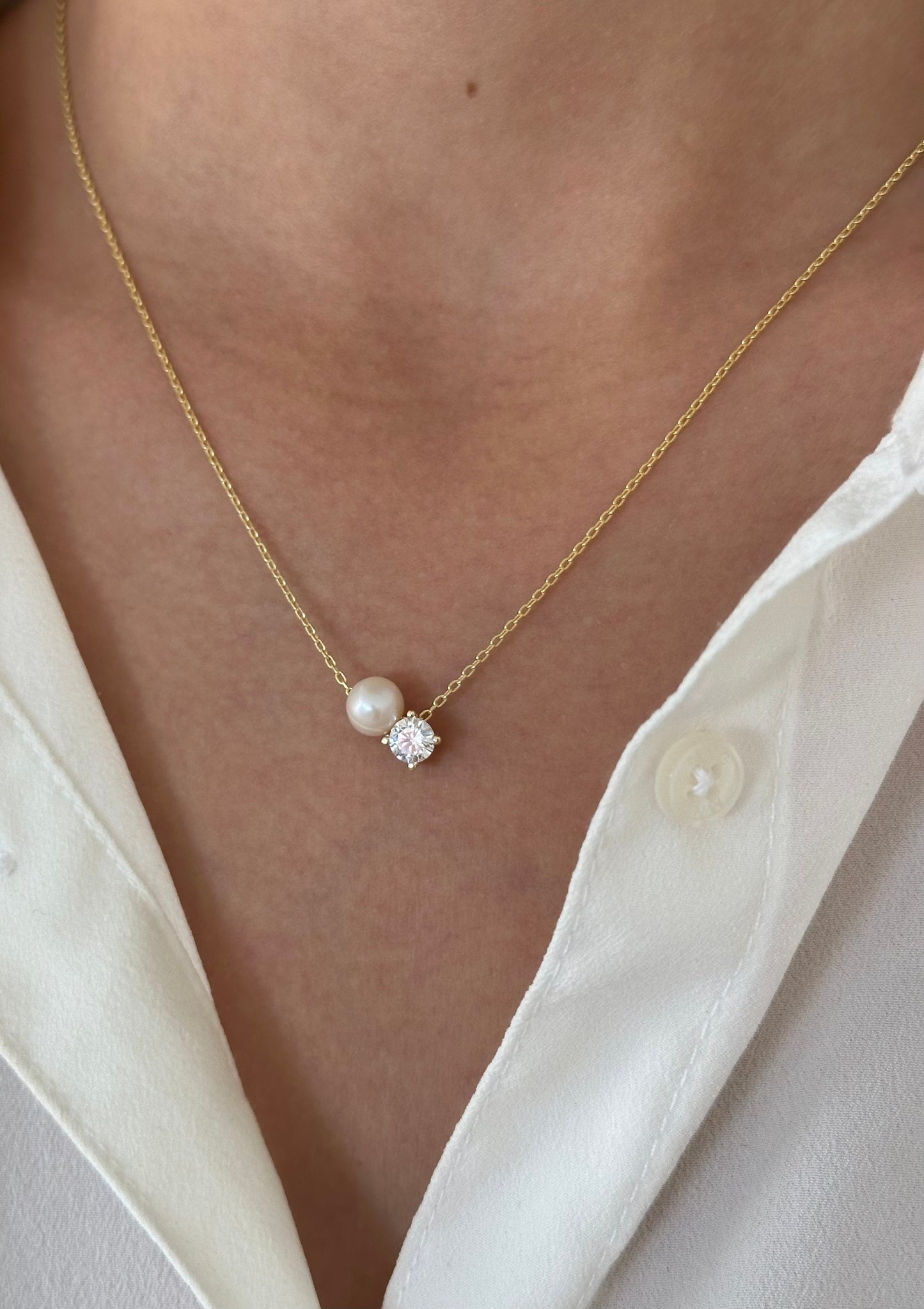 Freshwater Pearl and CZ Solitaire Necklace, 925 Silver, 14k Rose Gold Plated