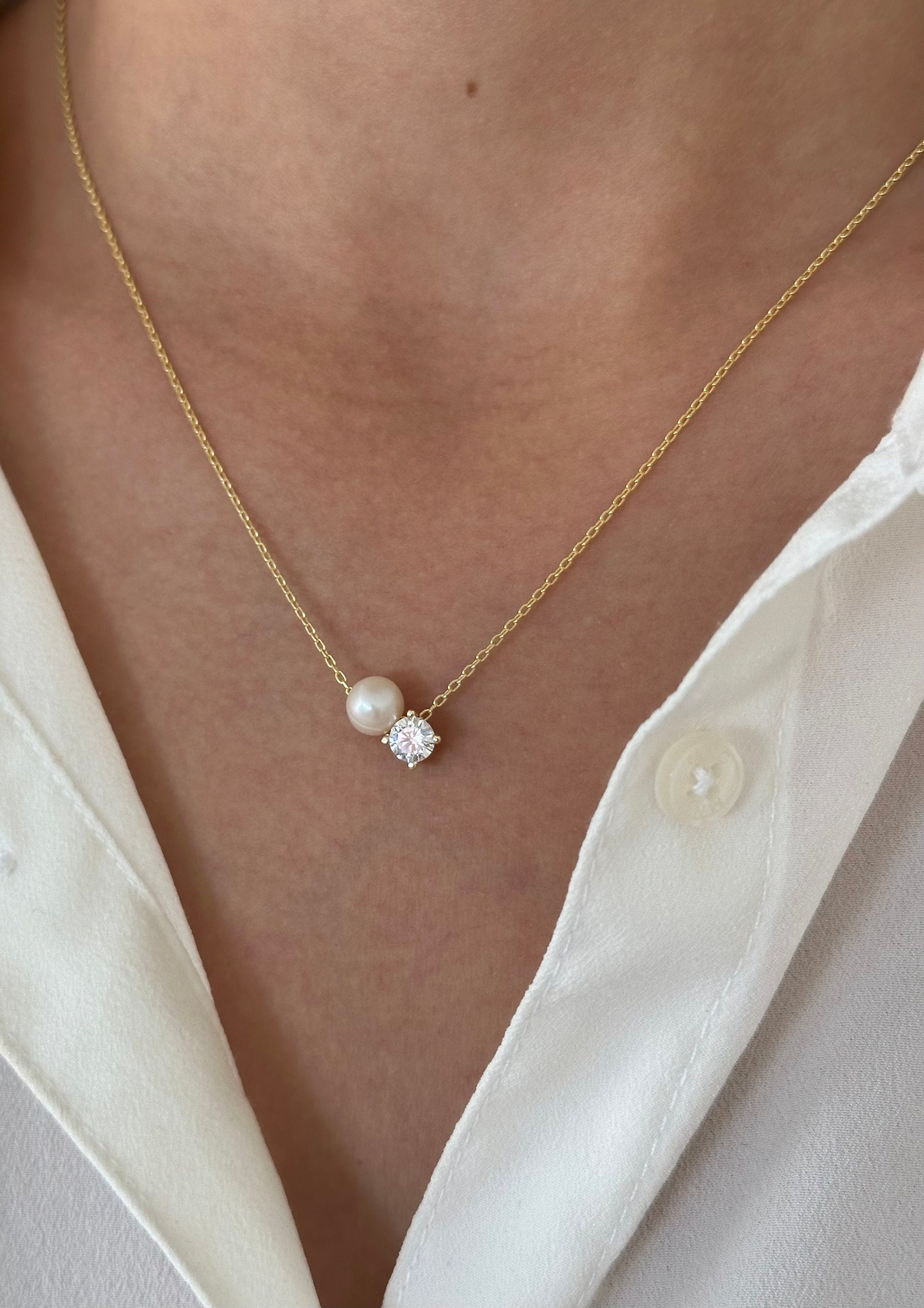 Freshwater Pearl and CZ Solitaire Necklace, 925 Silver, 14k Rose Gold Plated