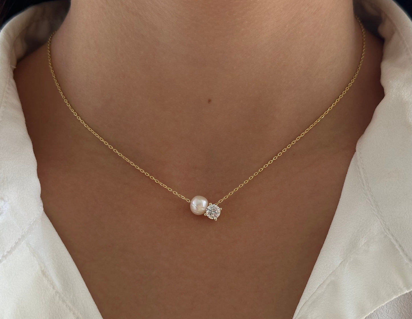 Freshwater Pearl and CZ Solitaire Necklace, 925 Silver, 14k Rose Gold Plated