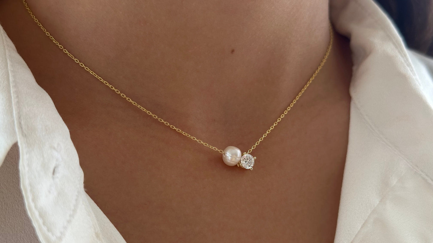 Freshwater Pearl and CZ Solitaire Necklace, 925 Silver, 14k Rose Gold Plated