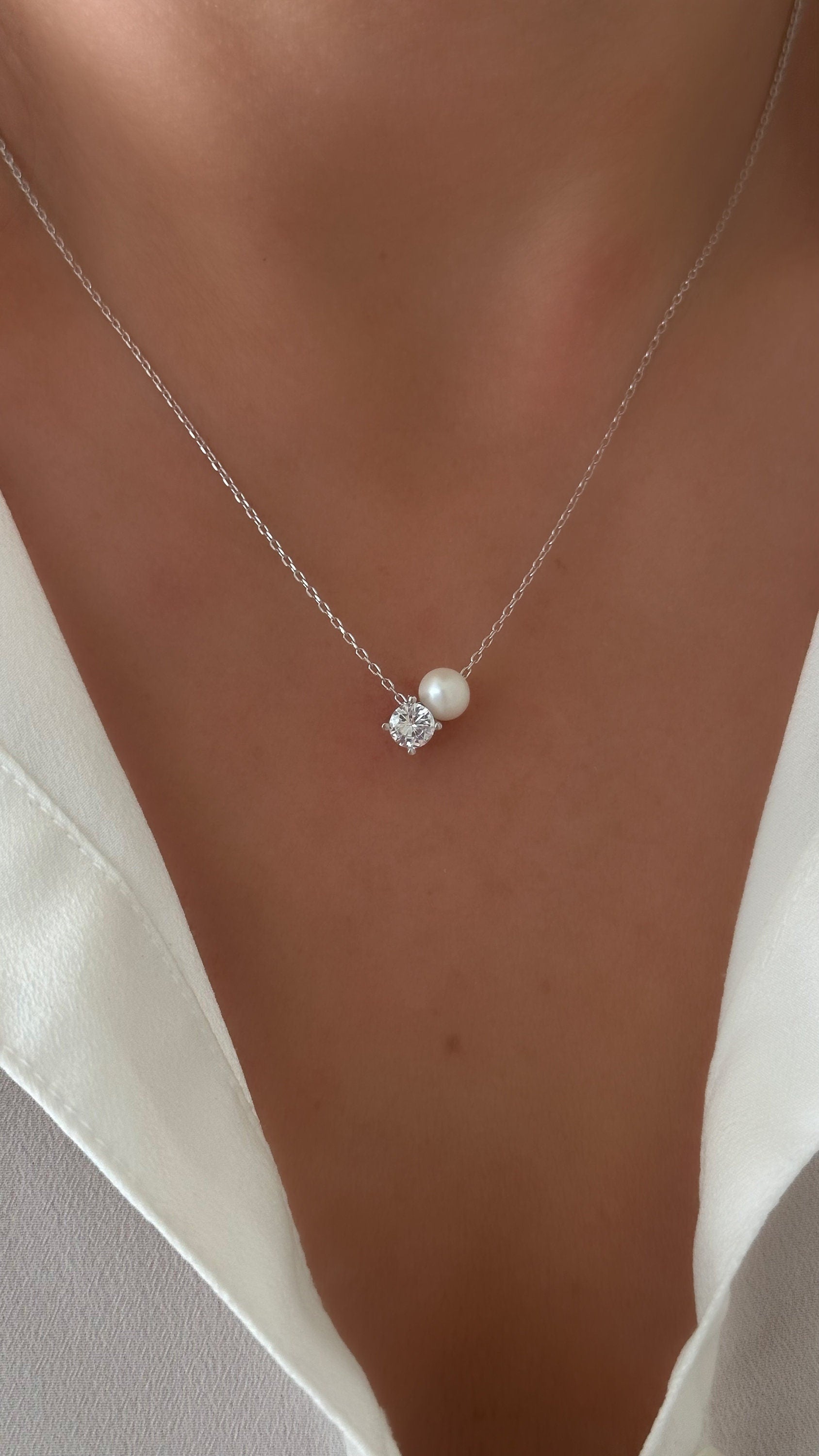 Freshwater Pearl and CZ Solitaire Necklace, 925 Silver, 14k Rose Gold Plated