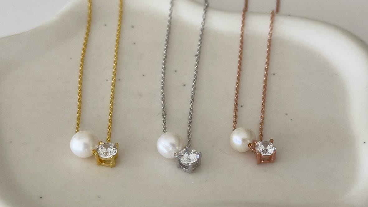 Freshwater Pearl and CZ Solitaire Necklace, 925 Silver, 14k Rose Gold Plated