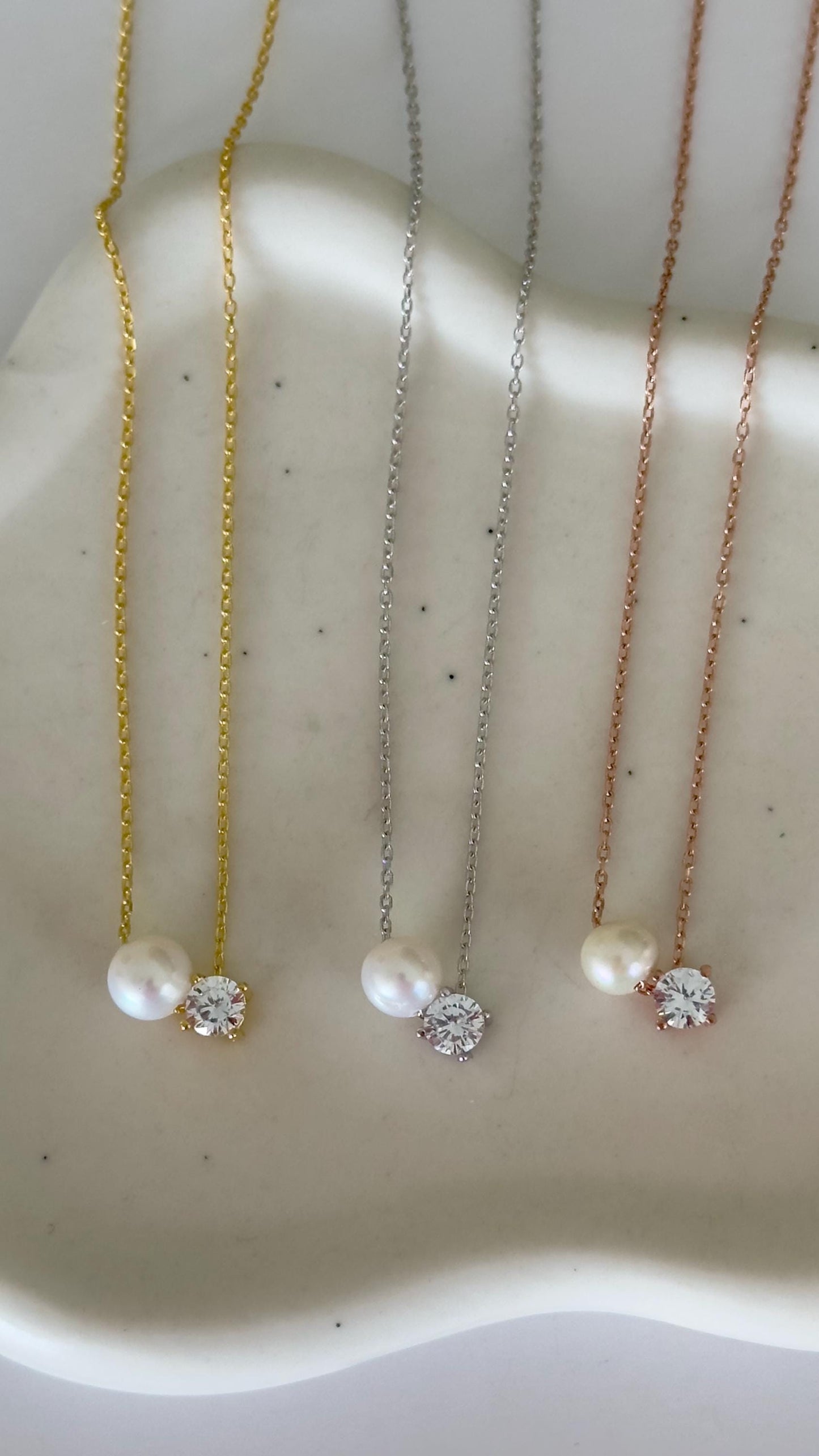 Freshwater Pearl and CZ Solitaire Necklace, 925 Silver, 14k Rose Gold Plated