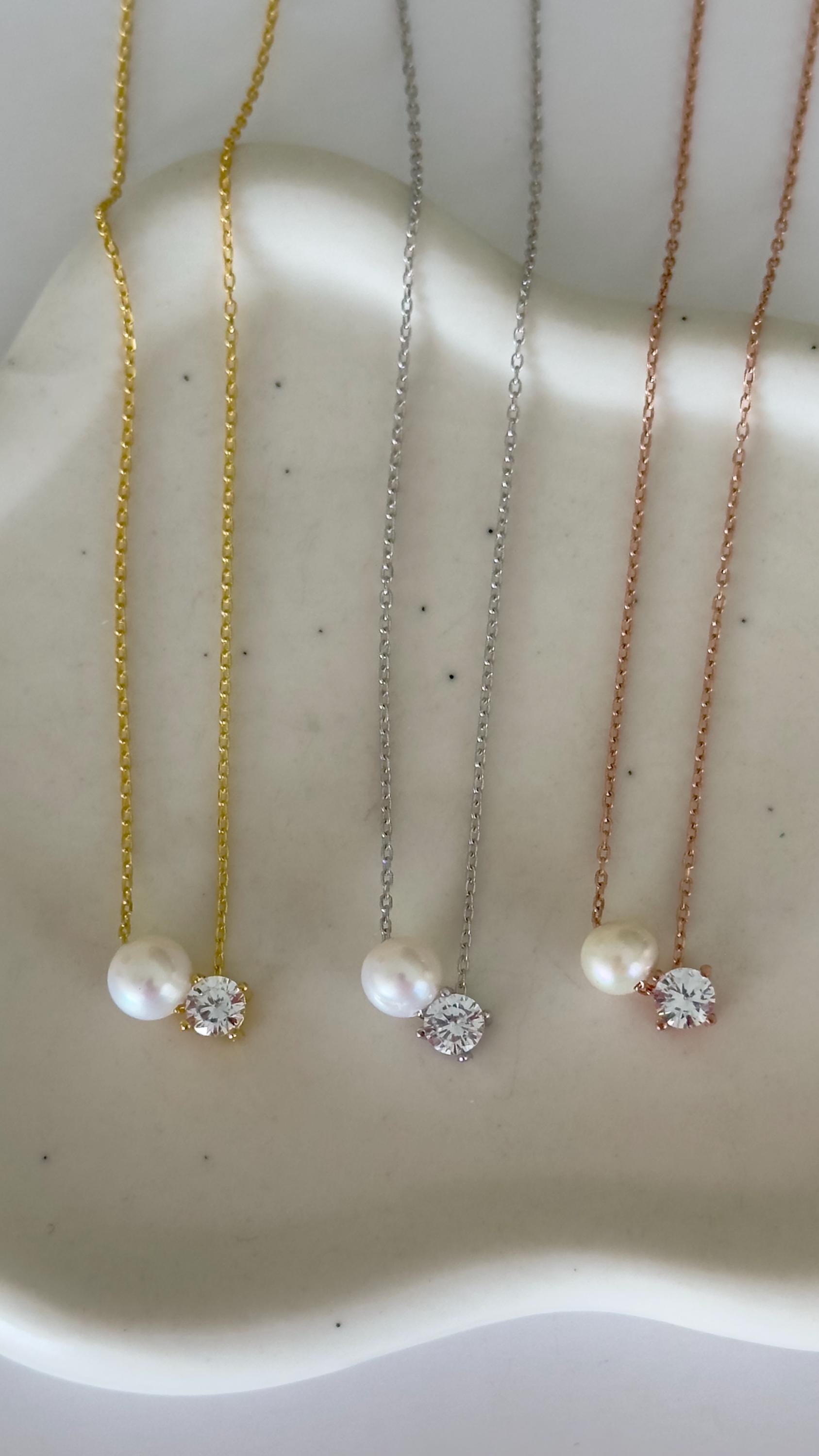 Freshwater Pearl and CZ Solitaire Necklace, 925 Silver, 14k Rose Gold Plated