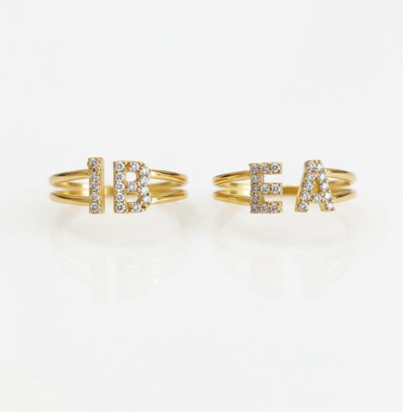 Custom couples ring with gold initials and sparkling CZ gemstones, personalized jewelry. Gift for wife or girlfriend on anniversary birthdays, anniversary Christmas, Valentine's day.