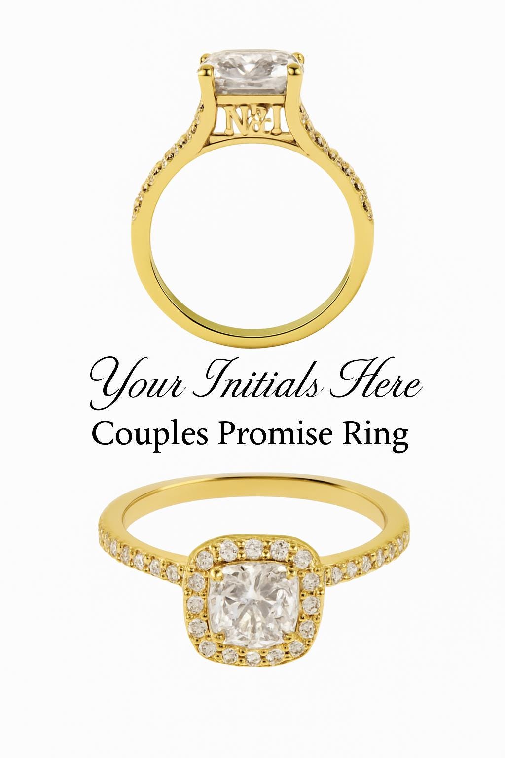 Gold custom initial couples promise ring with CZ gemstone, shown with elegant luxury text overlay.