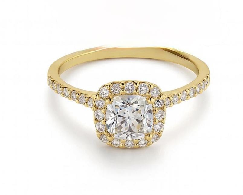 Gold custom initial engagement ring with CZ gemstone.