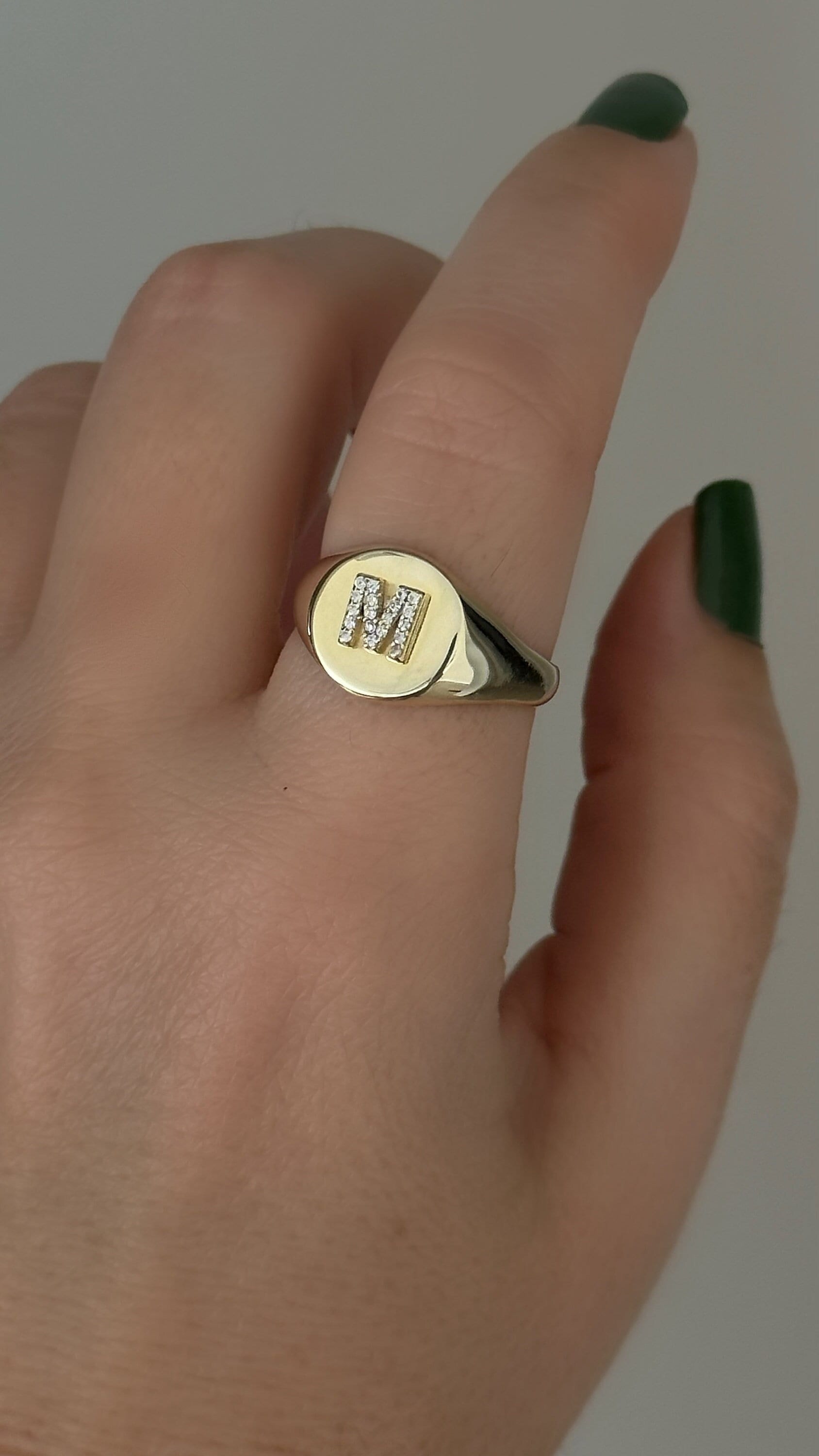 Gold Initial Signet Ring: Sterling Silver CZ Diamond Letter Adjustable Rings Women