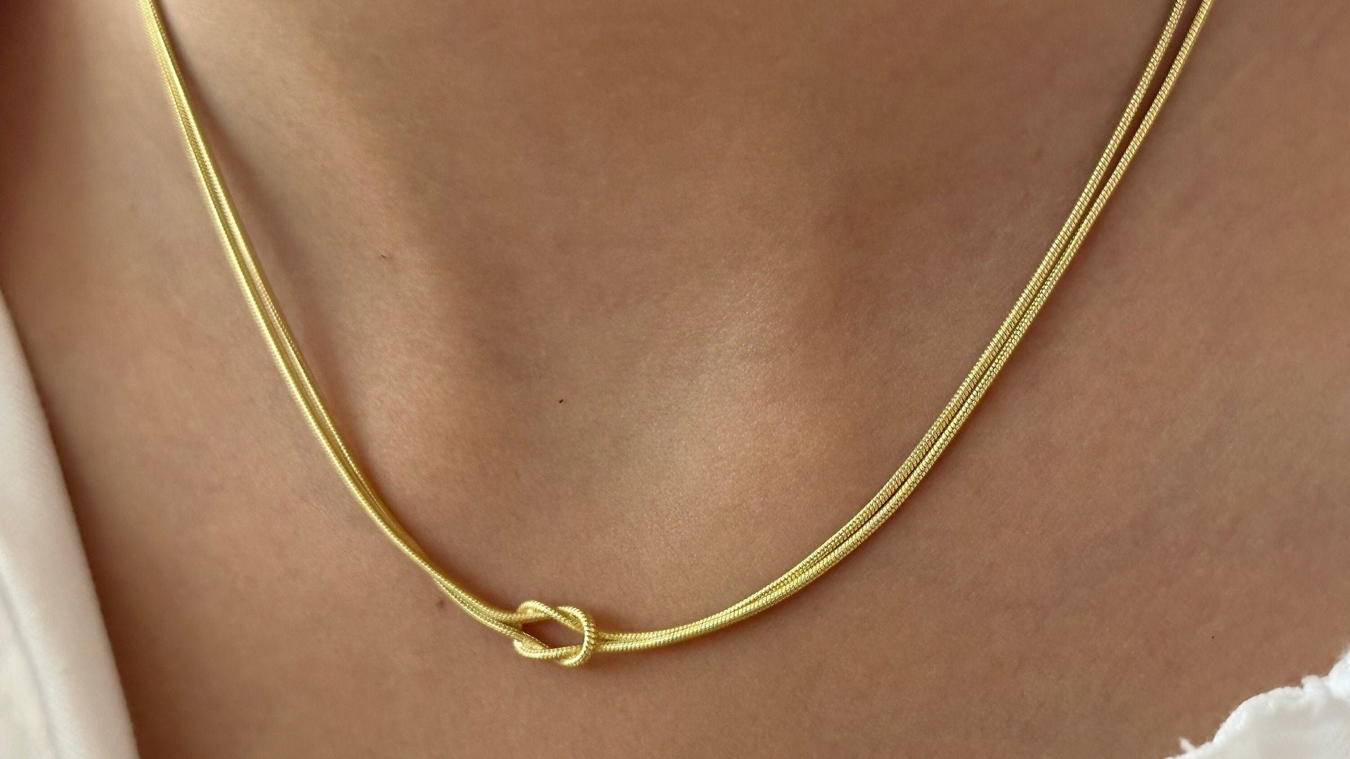 Sterling silver love knot necklace choker with double chain 14k Gold Plated Minimalist Jewelry gift for her, birthday, Christmas, Valentine's day, bridesmaid gifts, Handmade Jewelry