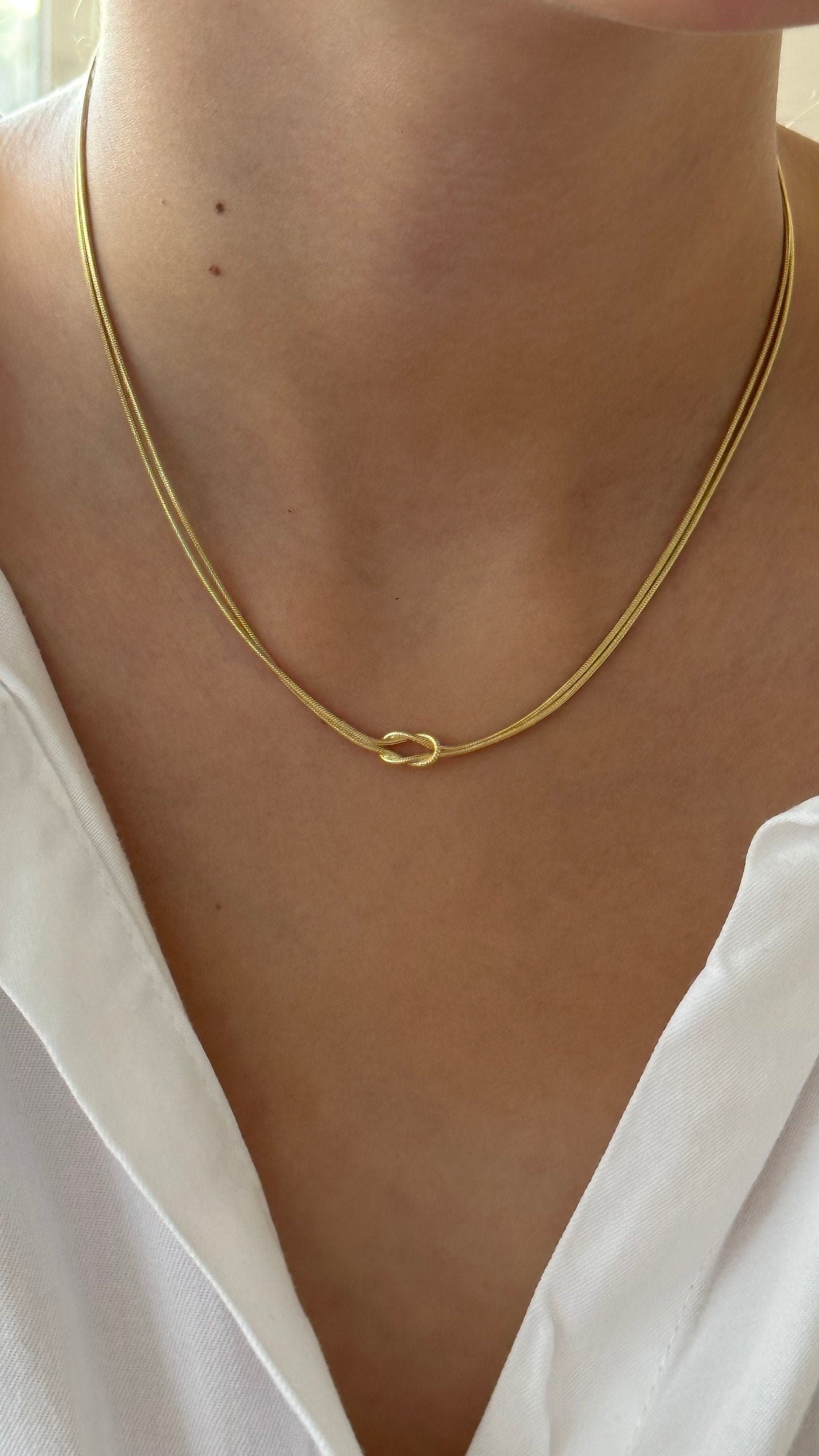 Gold Love Knot Necklace: Sterling Silver Double Chain Choker
