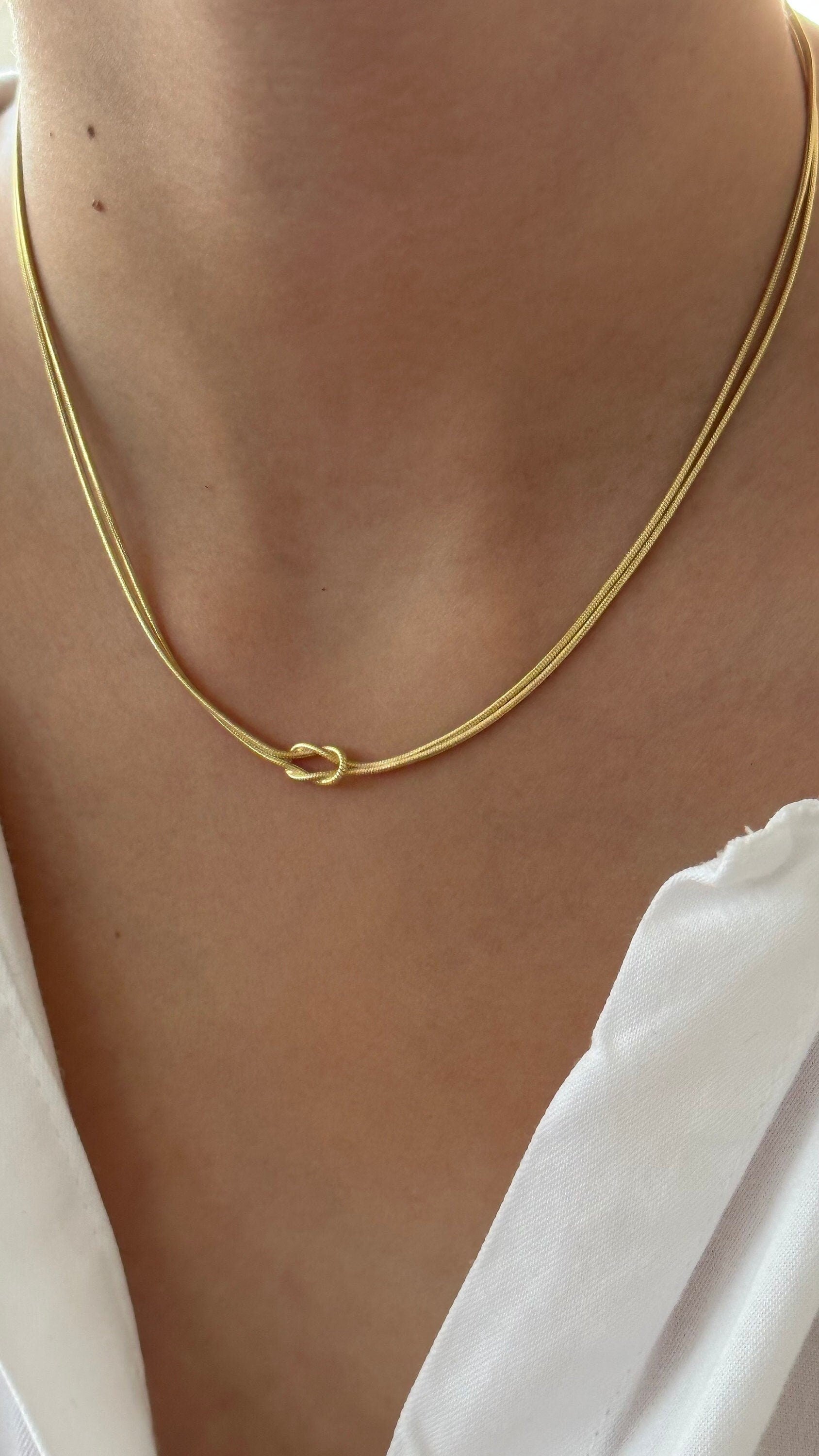 Gold Love Knot Necklace: Sterling Silver Double Chain Choker