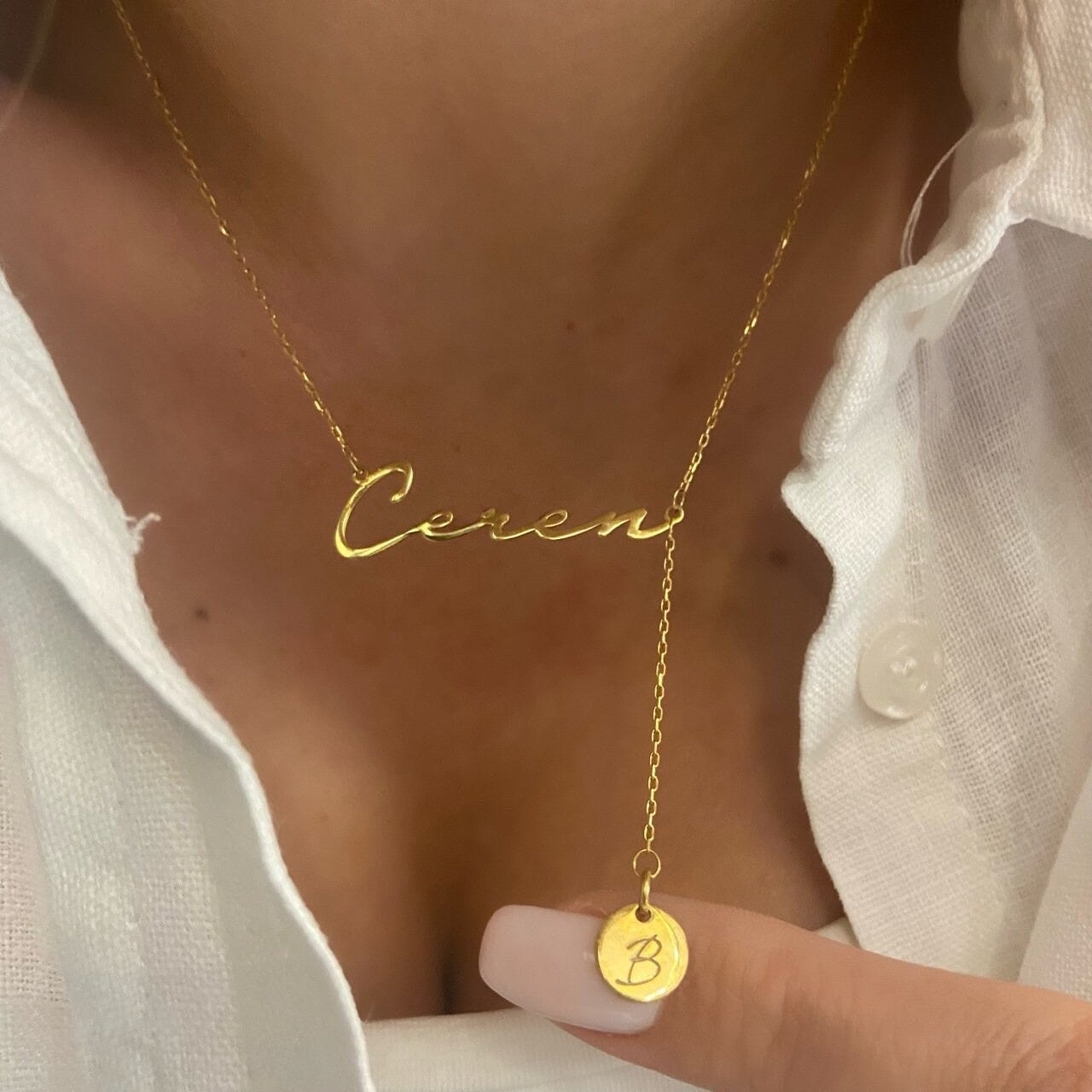 Gold Name Necklace: Sterling Silver Custom Drop Initial Letter Pendant Personalized Jewelry Gift Girlfriend Wife Sister Daughter