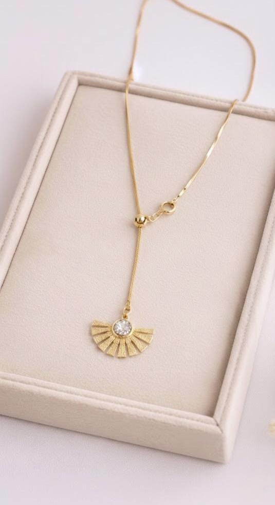 Gold lariat necklace with fan-shaped pendant and clear cubic zirconia 925 sterling silver 14k gold plated