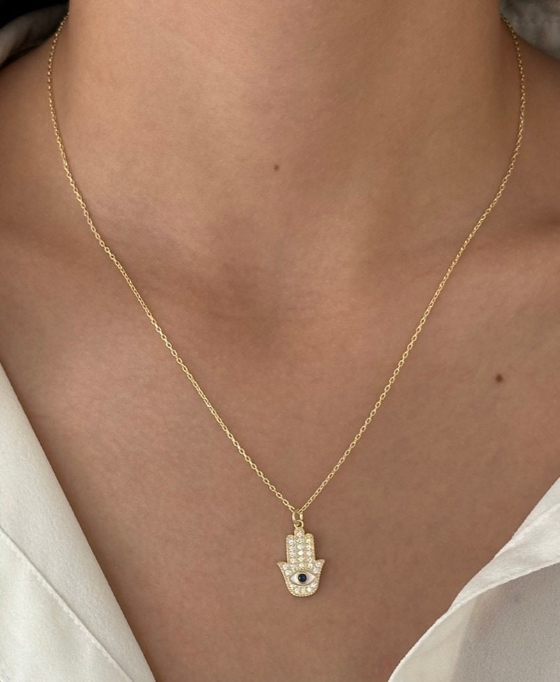Dainty Hamsa Pendant Necklace, 14k Gold Hand of God Jewelry, Diamond CZ Stone Hand of Fatima Charm Evil Eye Necklace Gift for Her 925 Sterling Silver Protection Jewelry Gifts