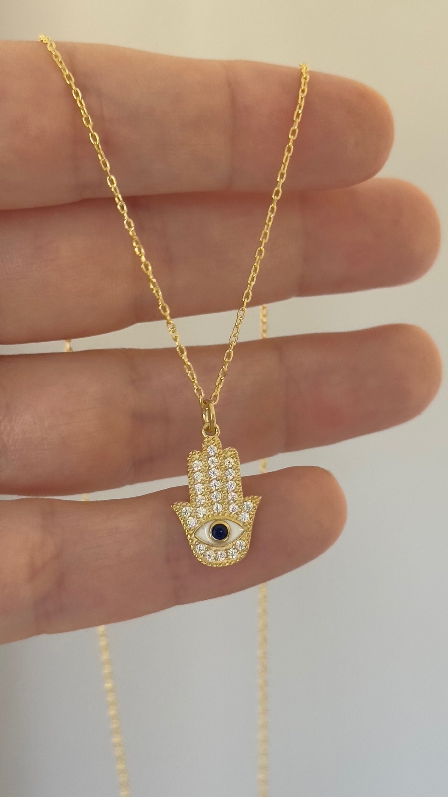 Hamsa Hand Necklace: CZ Diamond Pendant, Sterling Silver 14K Gold Plated Protection Jewelry
