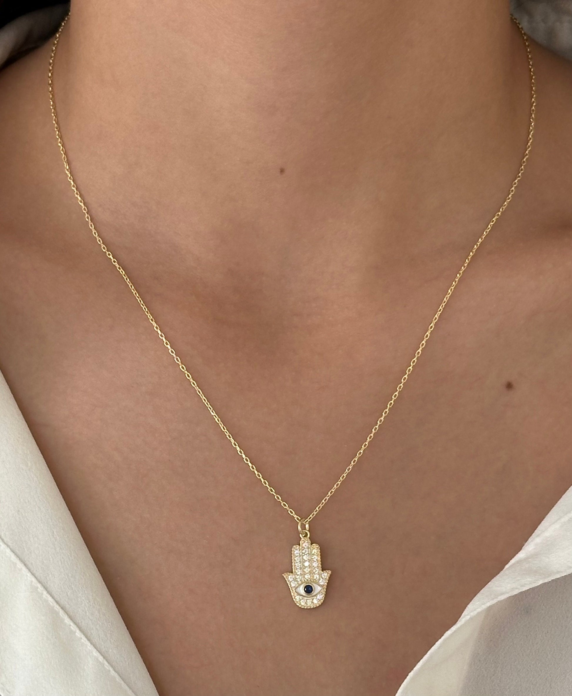 Hamsa Hand Necklace: CZ Diamond Pendant, Sterling Silver 14K Gold Plated Protection Jewelry