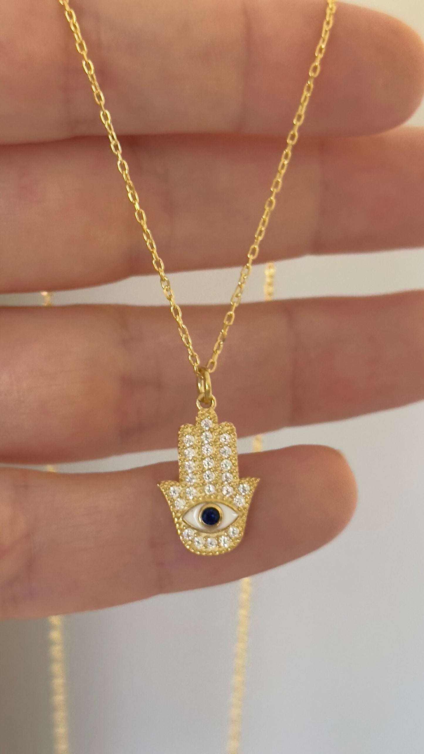 Hamsa Hand Necklace: CZ Diamond Pendant, Sterling Silver 14K Gold Plated Protection Jewelry