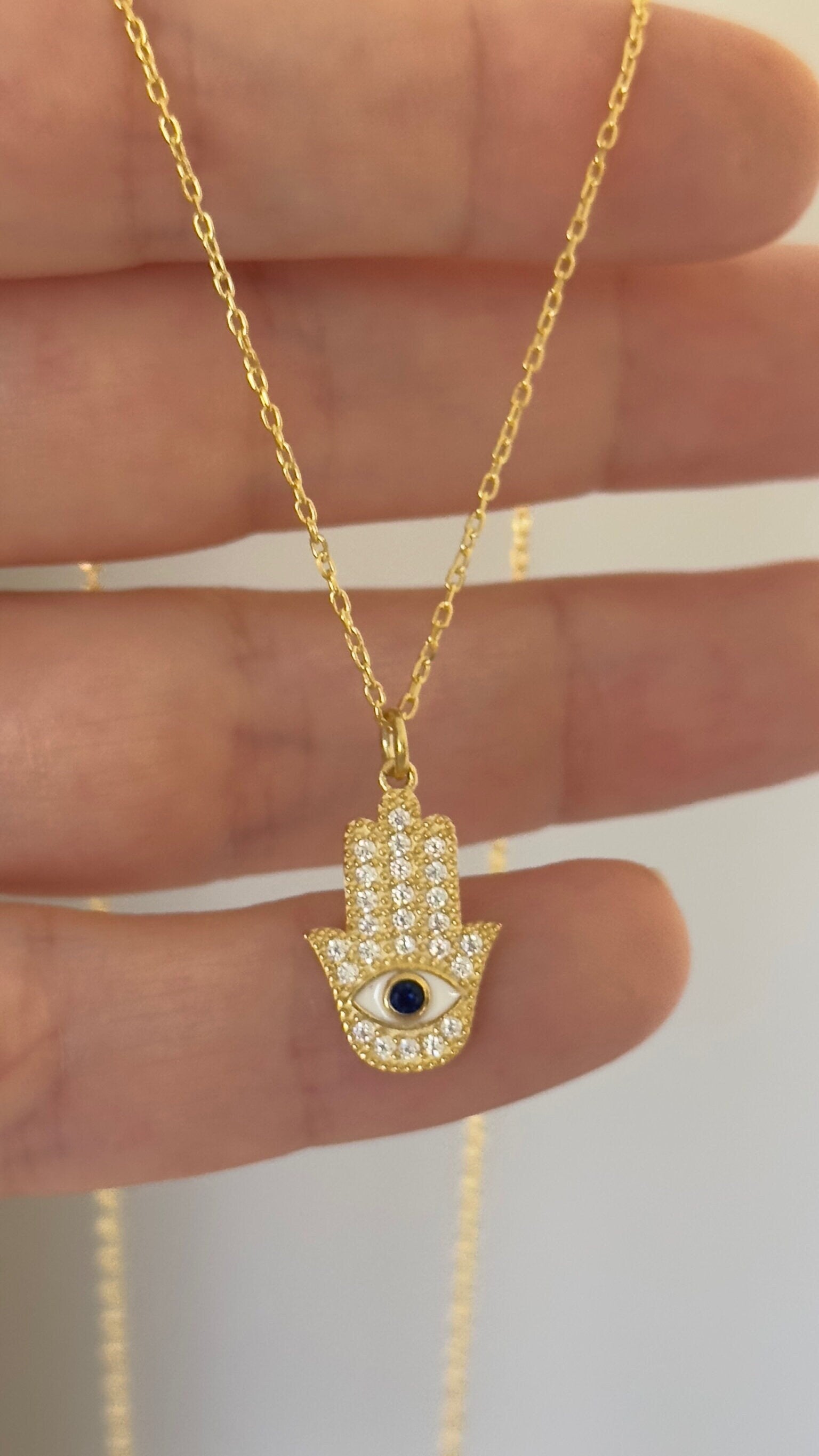 Hamsa Hand Necklace: CZ Diamond Pendant, Sterling Silver 14K Gold Plated Protection Jewelry