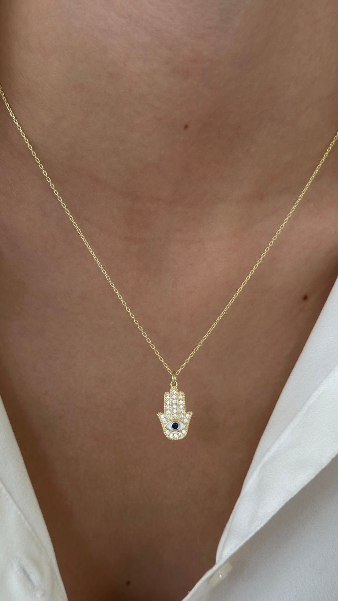 Hamsa Hand Necklace: CZ Diamond Pendant, Sterling Silver 14K Gold Plated Protection Jewelry