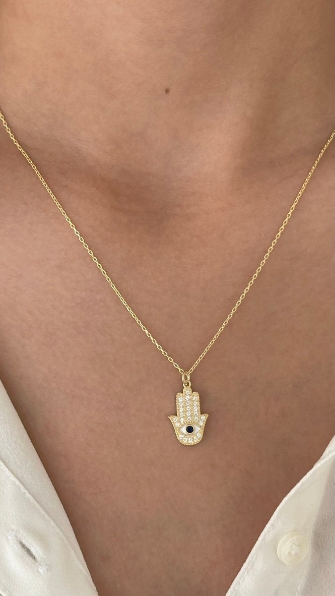 Hamsa Hand Necklace: CZ Diamond Pendant, Sterling Silver 14K Gold Plated Protection Jewelry