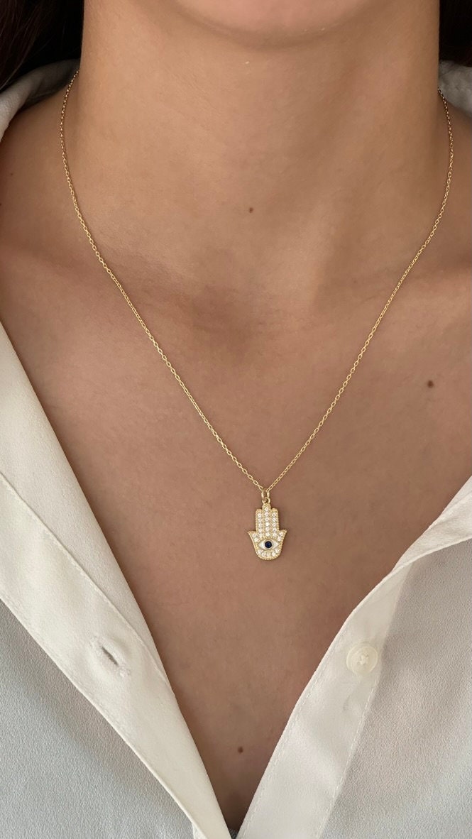 Hamsa Hand Necklace: CZ Diamond Pendant, Sterling Silver 14K Gold Plated Protection Jewelry