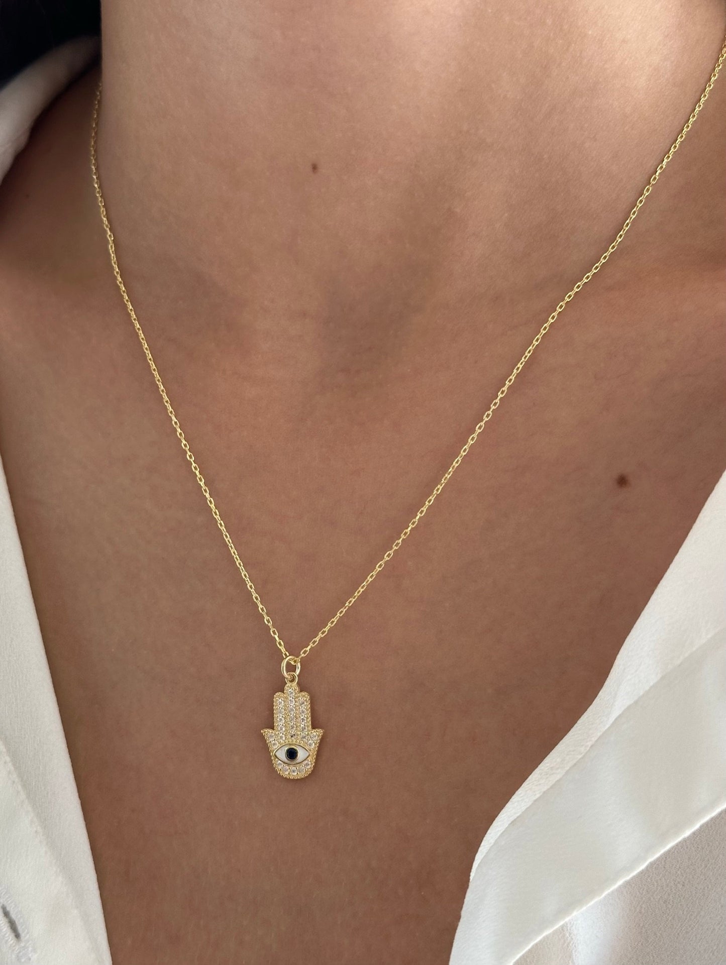 Hamsa Hand Necklace: CZ Diamond Pendant, Sterling Silver 14K Gold Plated Protection Jewelry