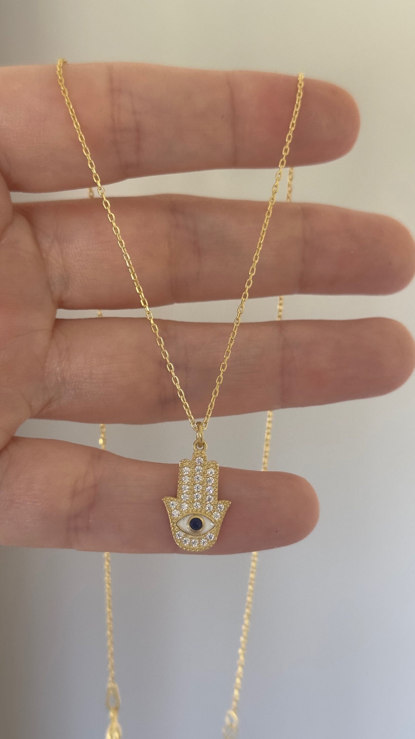 Hamsa Hand Necklace: CZ Diamond Pendant, Sterling Silver 14K Gold Plated Protection Jewelry