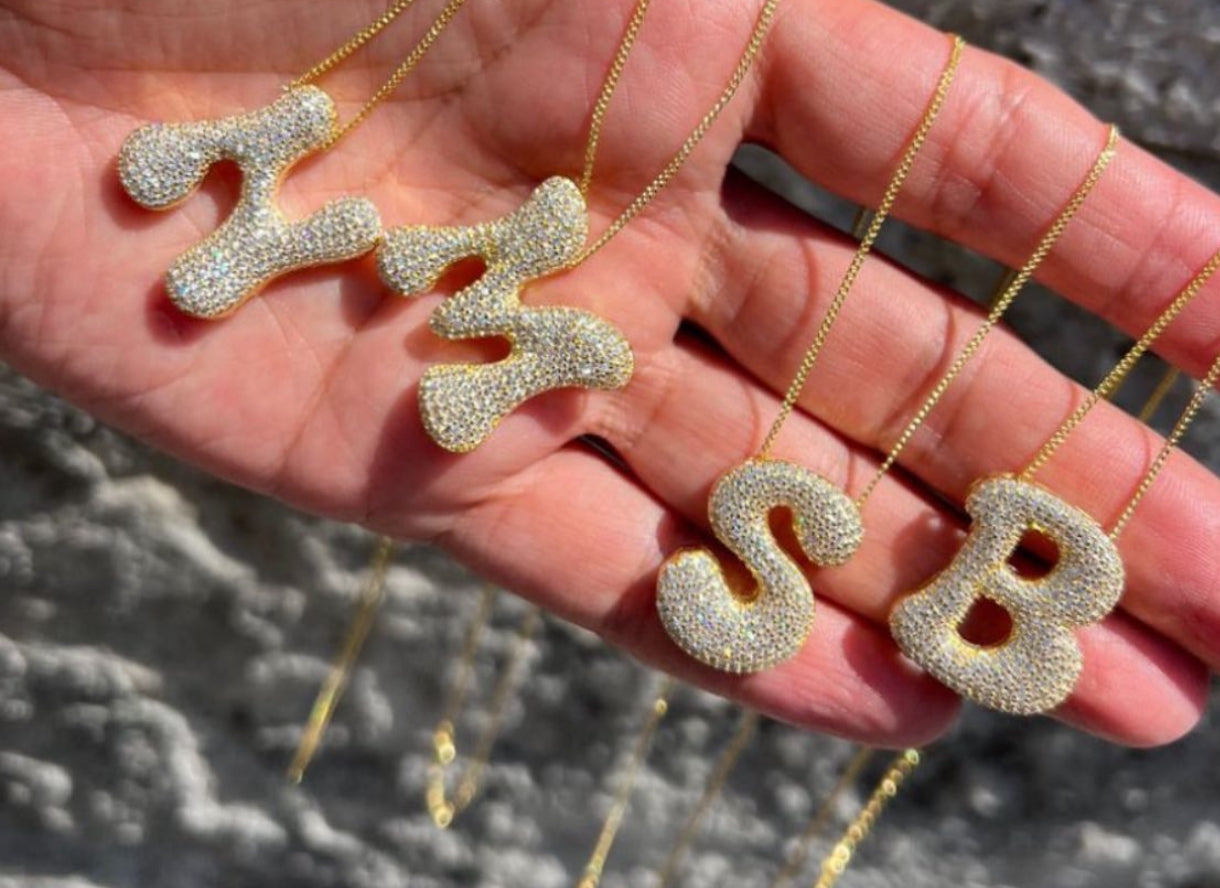 Jumbo Bubble Letter Necklace, Large CZ Diamond Initial Pendant, 925 Sterling Silver Personalized Jewelry