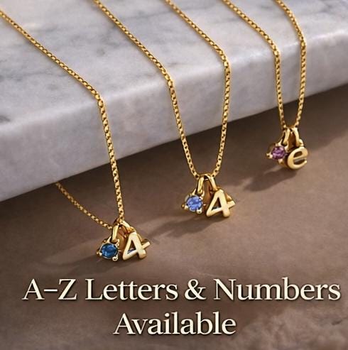 Initial Birthstone Necklace Gold, Personalized 3d Letter or Number Pendant, Dainty Custom Name Necklace Gift for Her