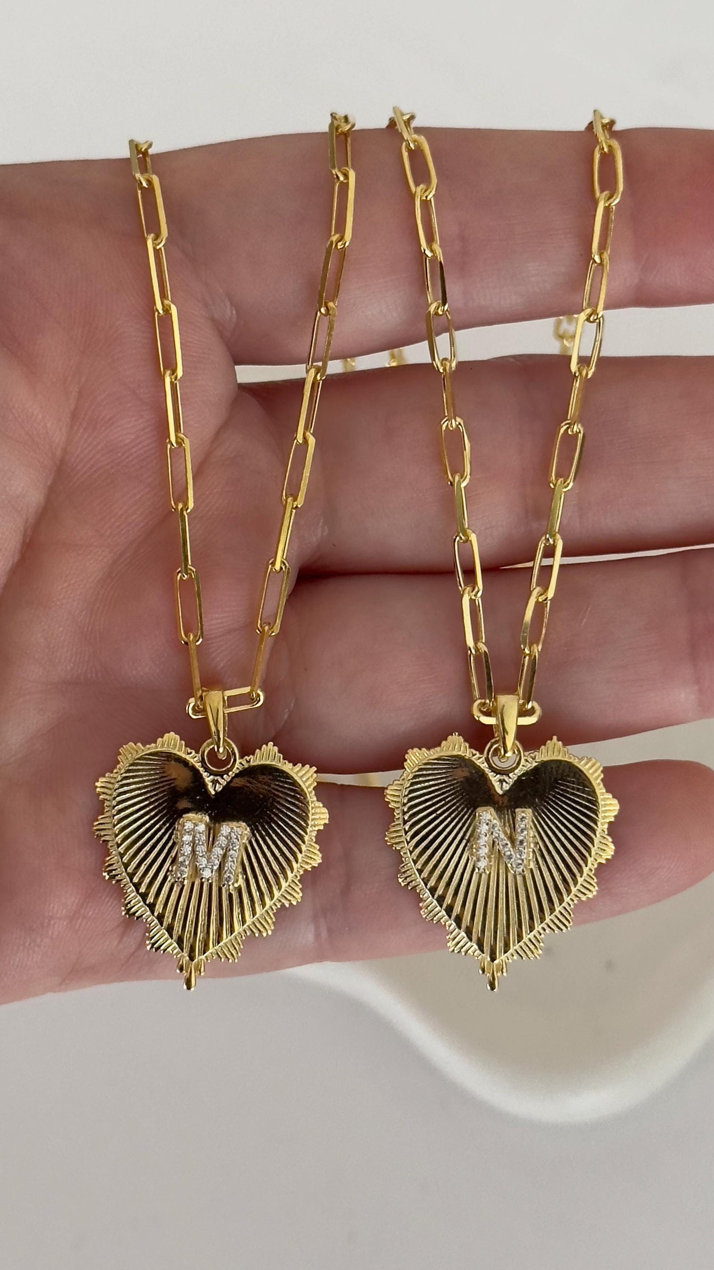 Heart necklace with sparkle CZ gemstone initial letter on sterling silver medallion pendant 14k gold plated