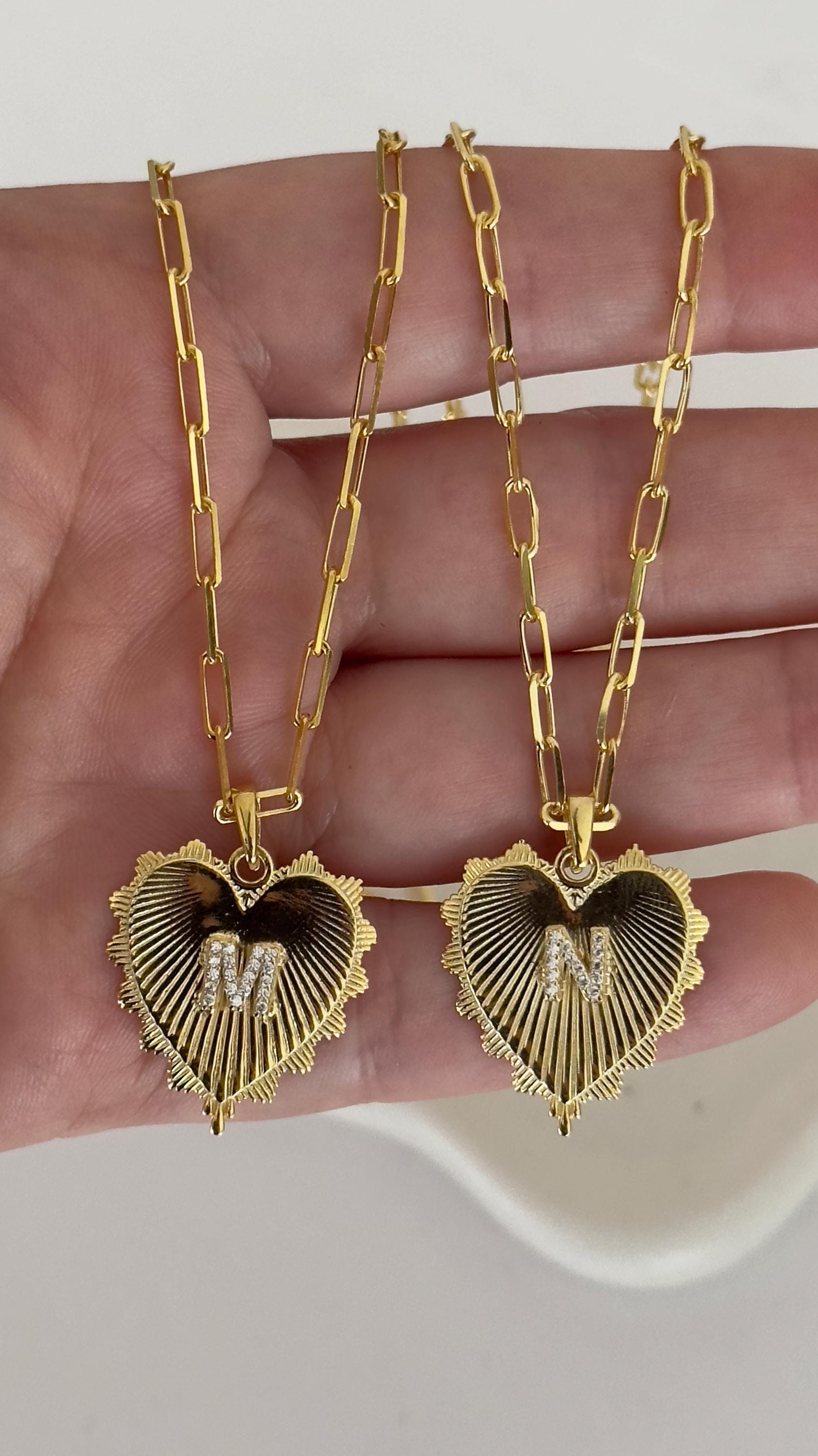 Heart necklace with sparkle CZ gemstone initial letter on sterling silver medallion pendant 14k gold plated