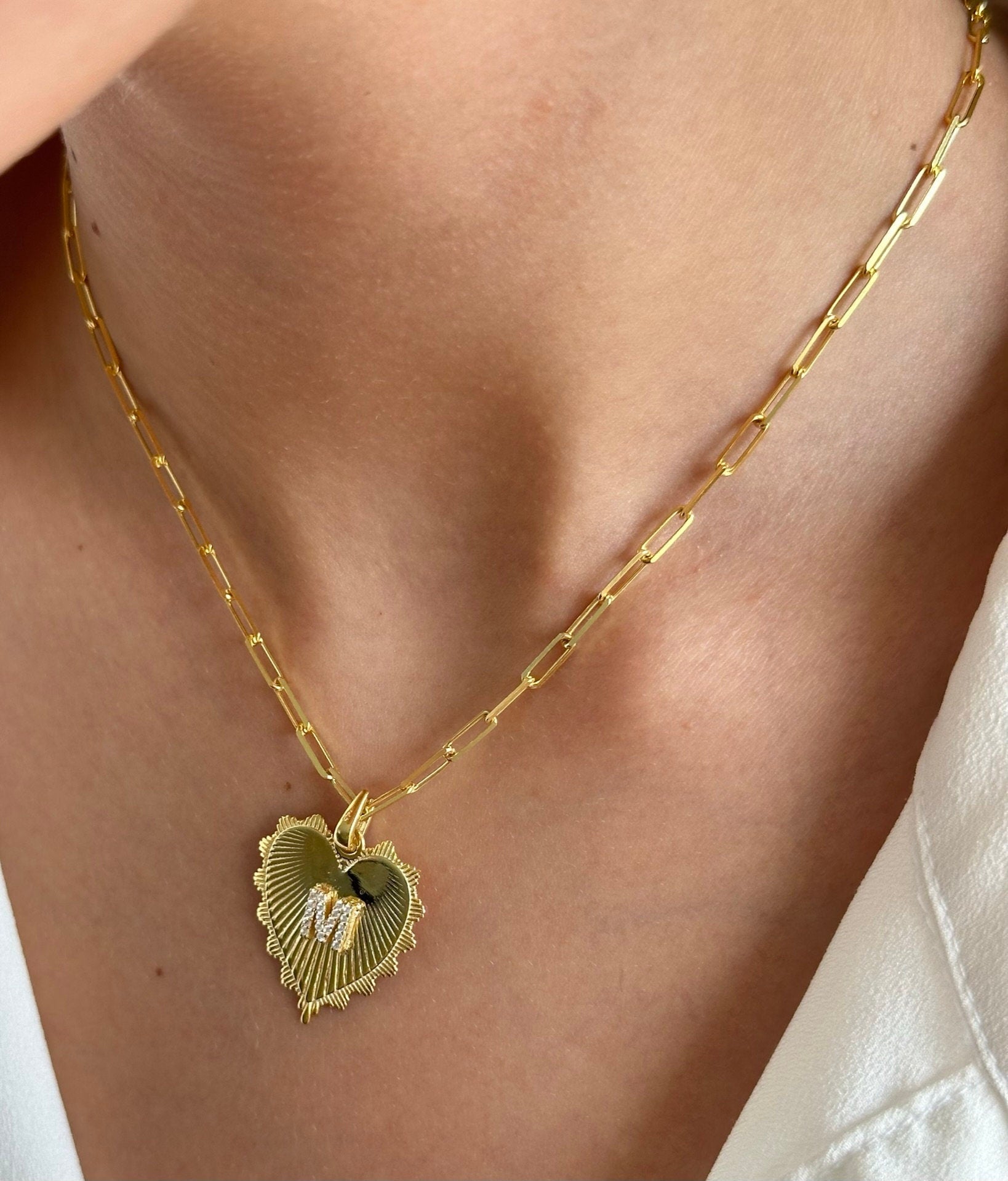 Heart necklace with CZ diamond initial letter on sterling silver medallion pendant 14k gold plated personalized jewelry gift for women.