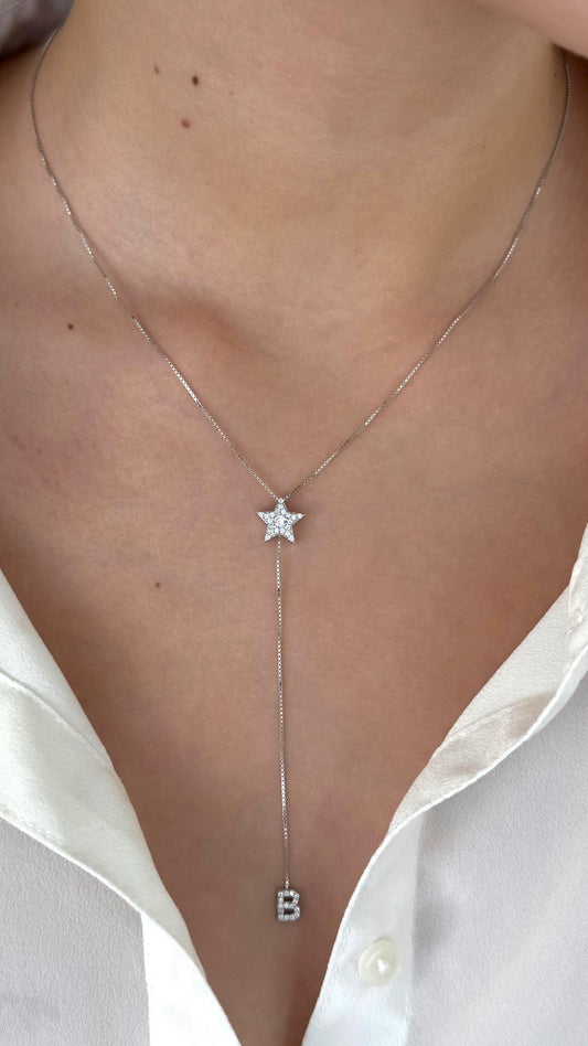 Personalized Lariat Necklace, Dainty Initial Necklace, Diamond Star Pendant, Long Y Necklace, Custom  Necklace, Gifts for Her, Personalized Jewelry, 925 Sterling Silver