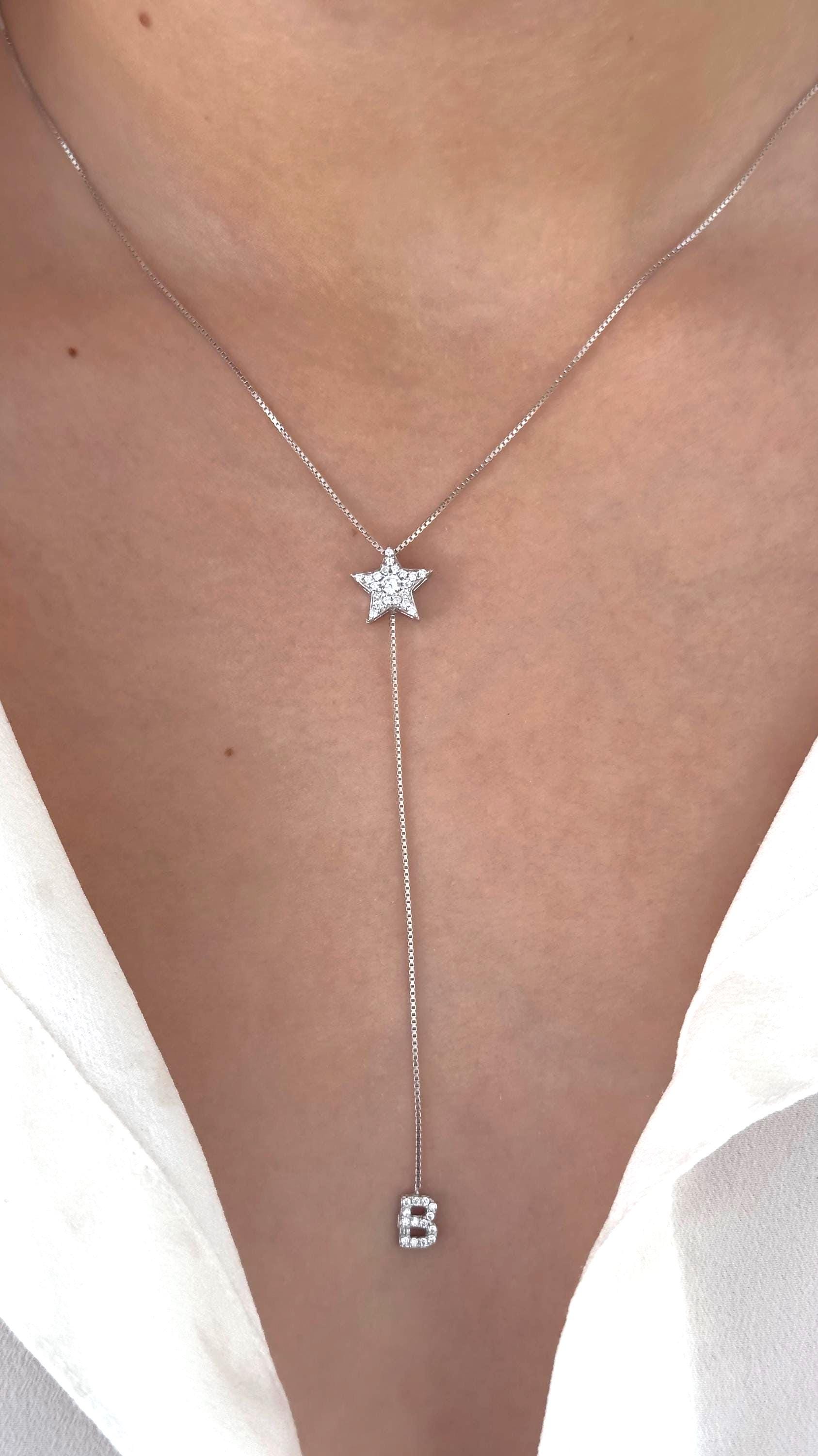 Initial Lariat Necklace: CZ Gemstone Y Drop Letter Pendant Diamond Charm Personalized Jewelry