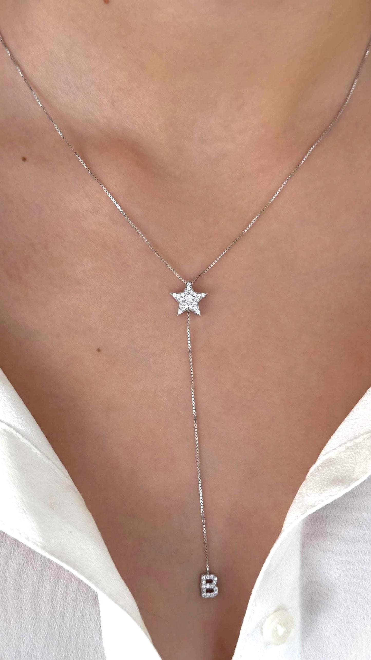 Initial Lariat Necklace: CZ Gemstone Y Drop Letter Pendant Diamond Charm Personalized Jewelry
