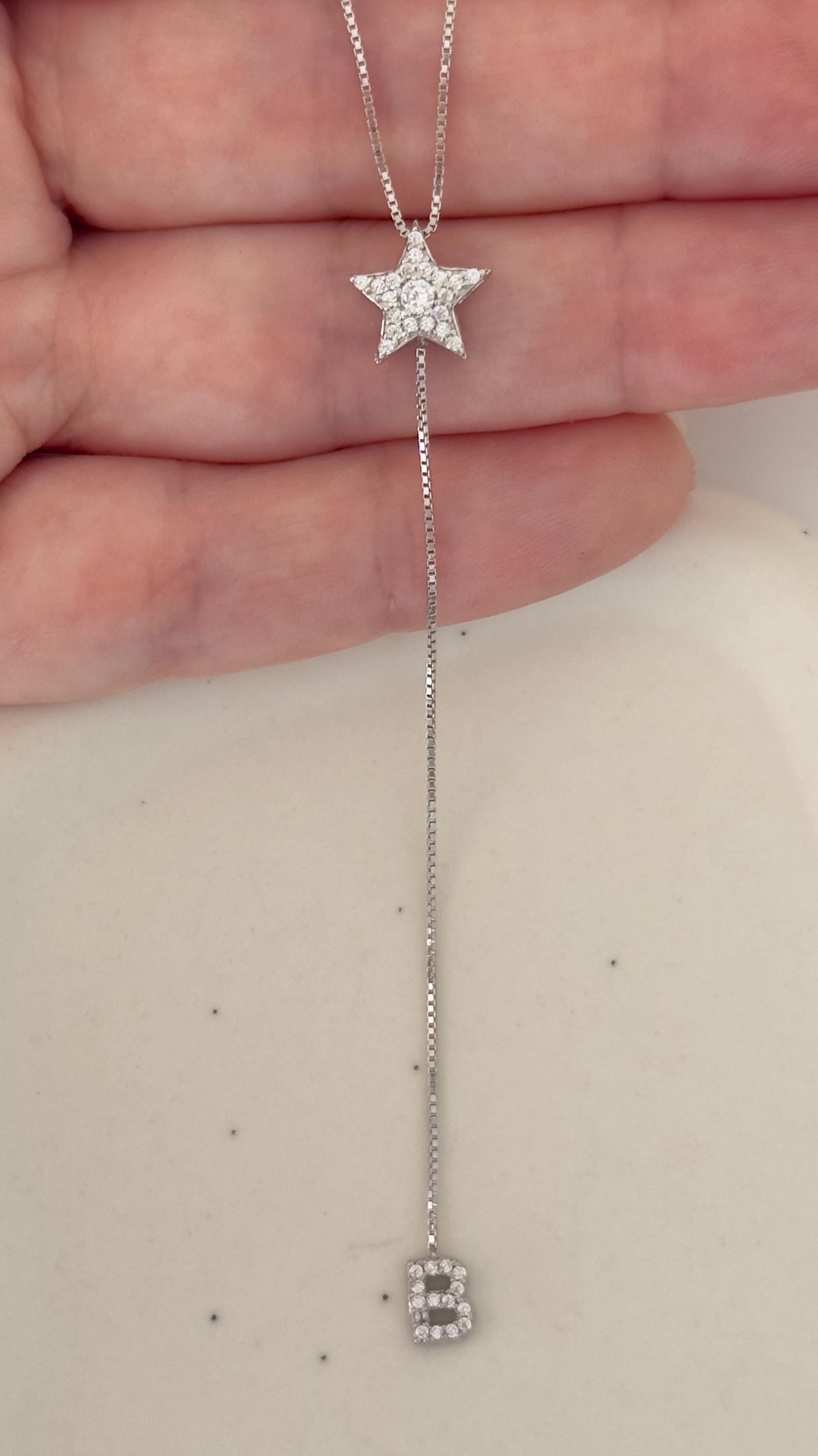 Initial Lariat Necklace: CZ Gemstone Y Drop Letter Pendant Diamond Charm Personalized Jewelry