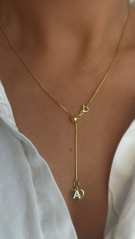 Initial Lariat Y Necklace, Drop Diamond Letter Heart Pendant, Gold Silver Personalized Gift for her