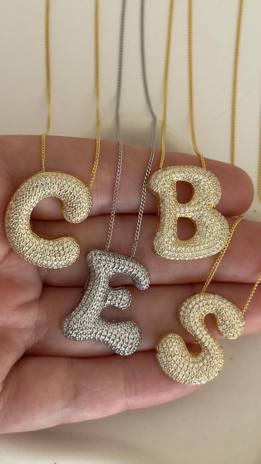 Jumbo Bubble Letter Necklace, Large CZ Diamond Initial Pendant, Big Chunky Letter Necklace, 925 Sterling Silver Personalized Jewelry Gift, A-Z initial A B C D E F G H I J K L M N O P R S T U W Y Z letters