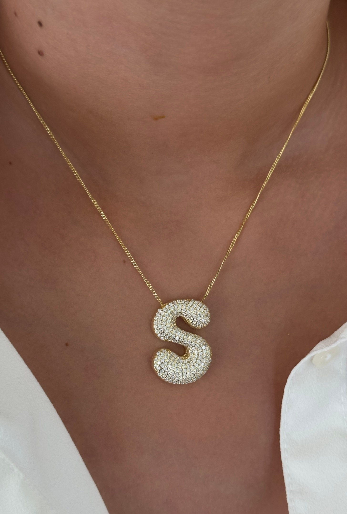 Jumbo Bubble Letter Necklace - CZ Diamond Initial Letter Pendant, 925 Sterling Silver 14k Gold