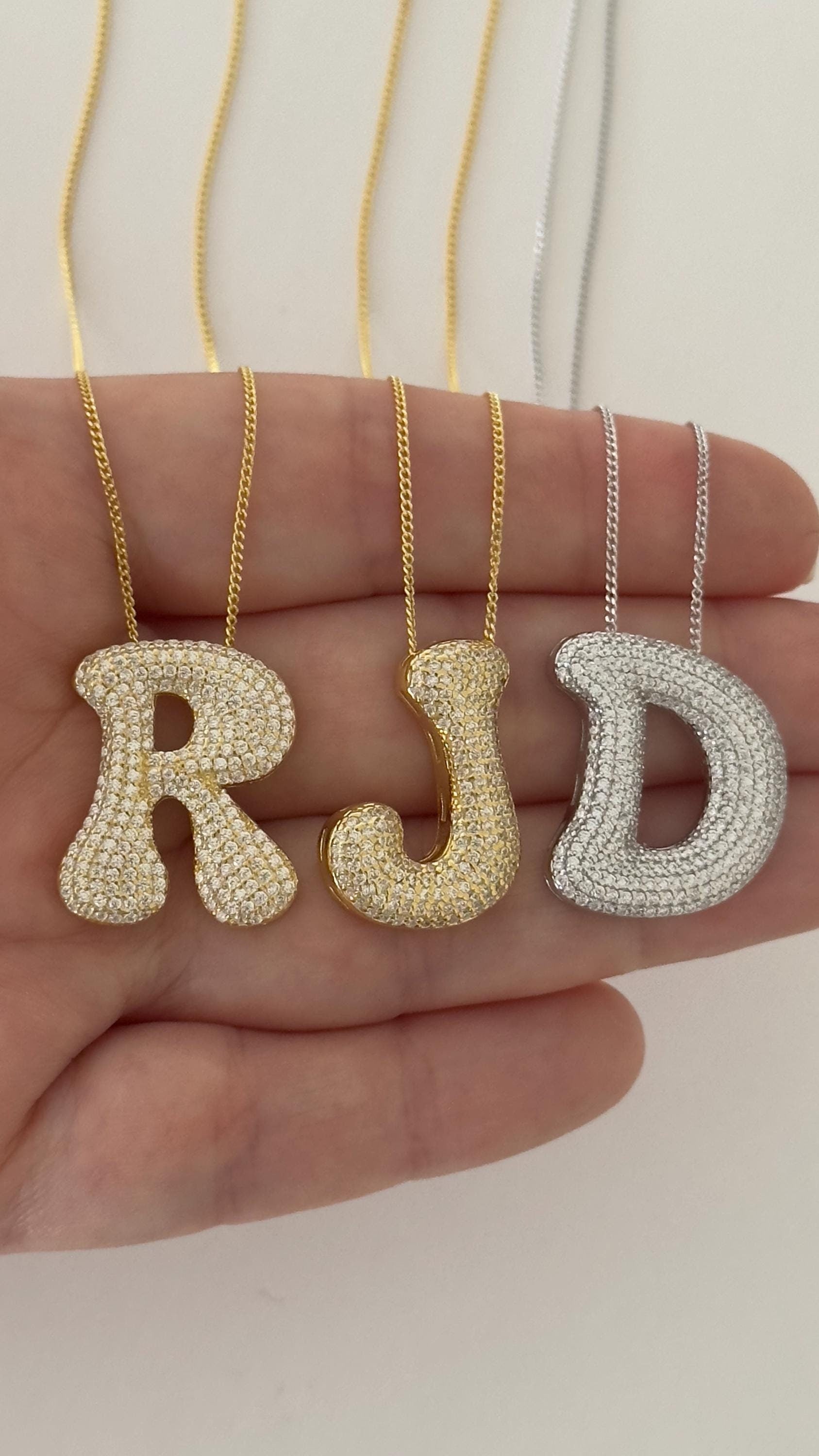 Jumbo Bubble Letter Necklace - CZ Diamond Initial Letter Pendant, 925 Sterling Silver 14k Gold