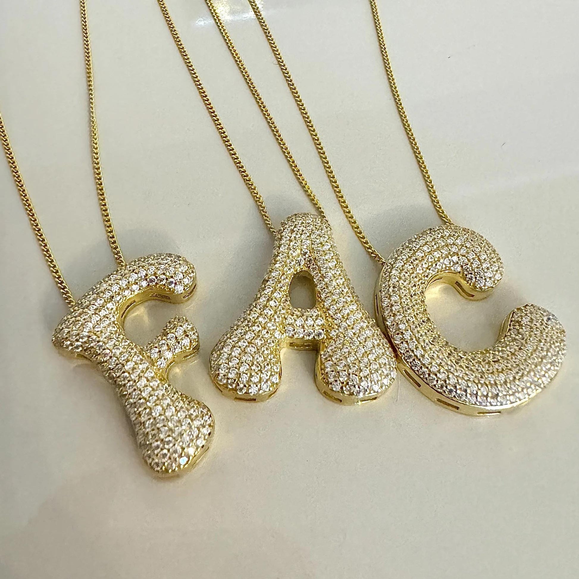 Jumbo Bubble Letter Necklace - CZ Diamond Initial Letter Pendant, 925 Sterling Silver 14k Gold
