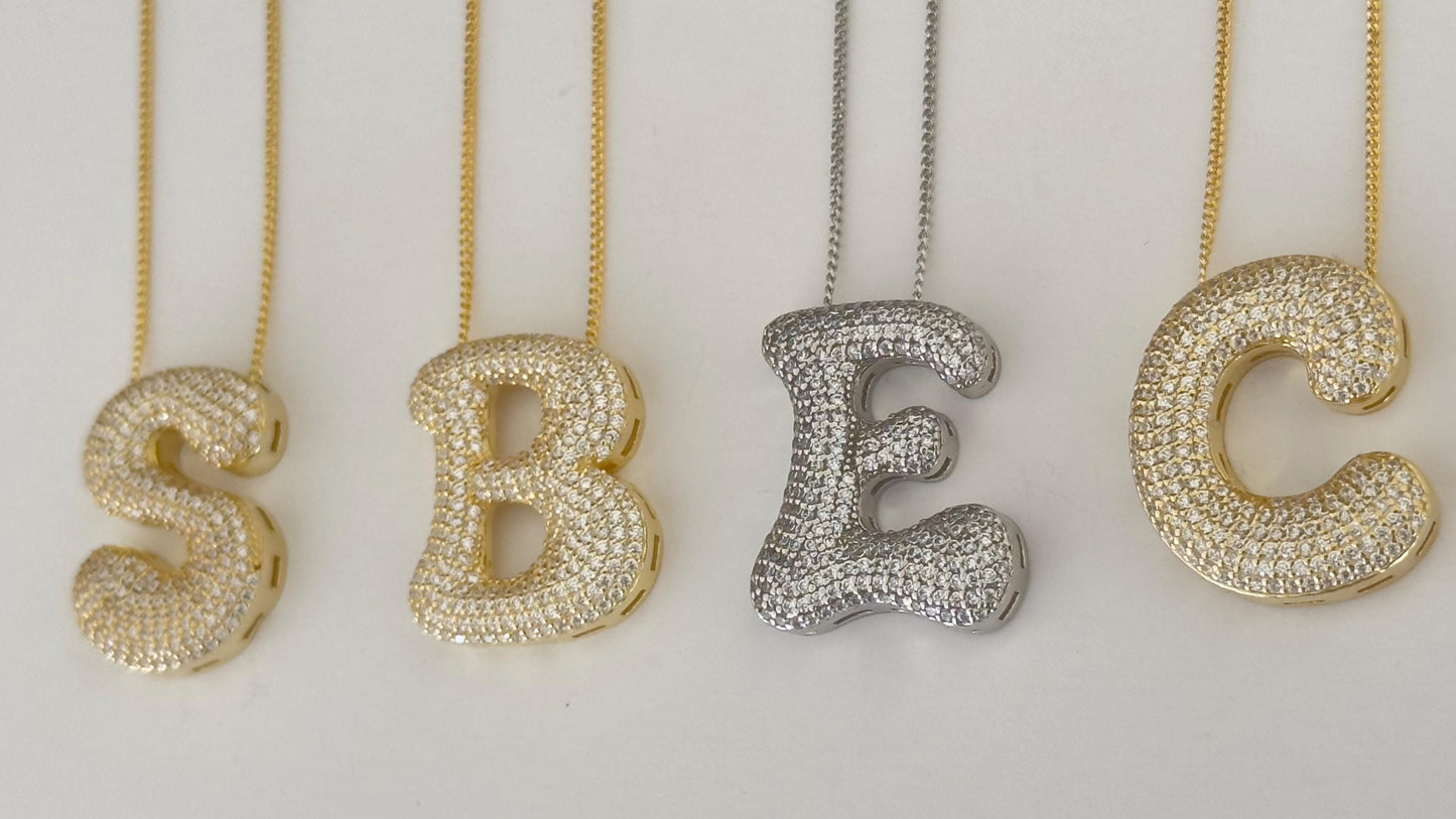 Jumbo Bubble Letter Necklace - CZ Diamond Initial Letter Pendant, 925 Sterling Silver 14k Gold