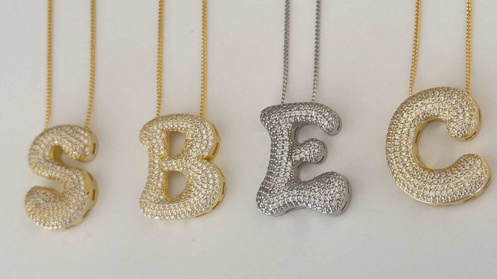 Jumbo Bubble Letter Necklace - CZ Diamond Initial Letter Pendant, 925 Sterling Silver 14k Gold